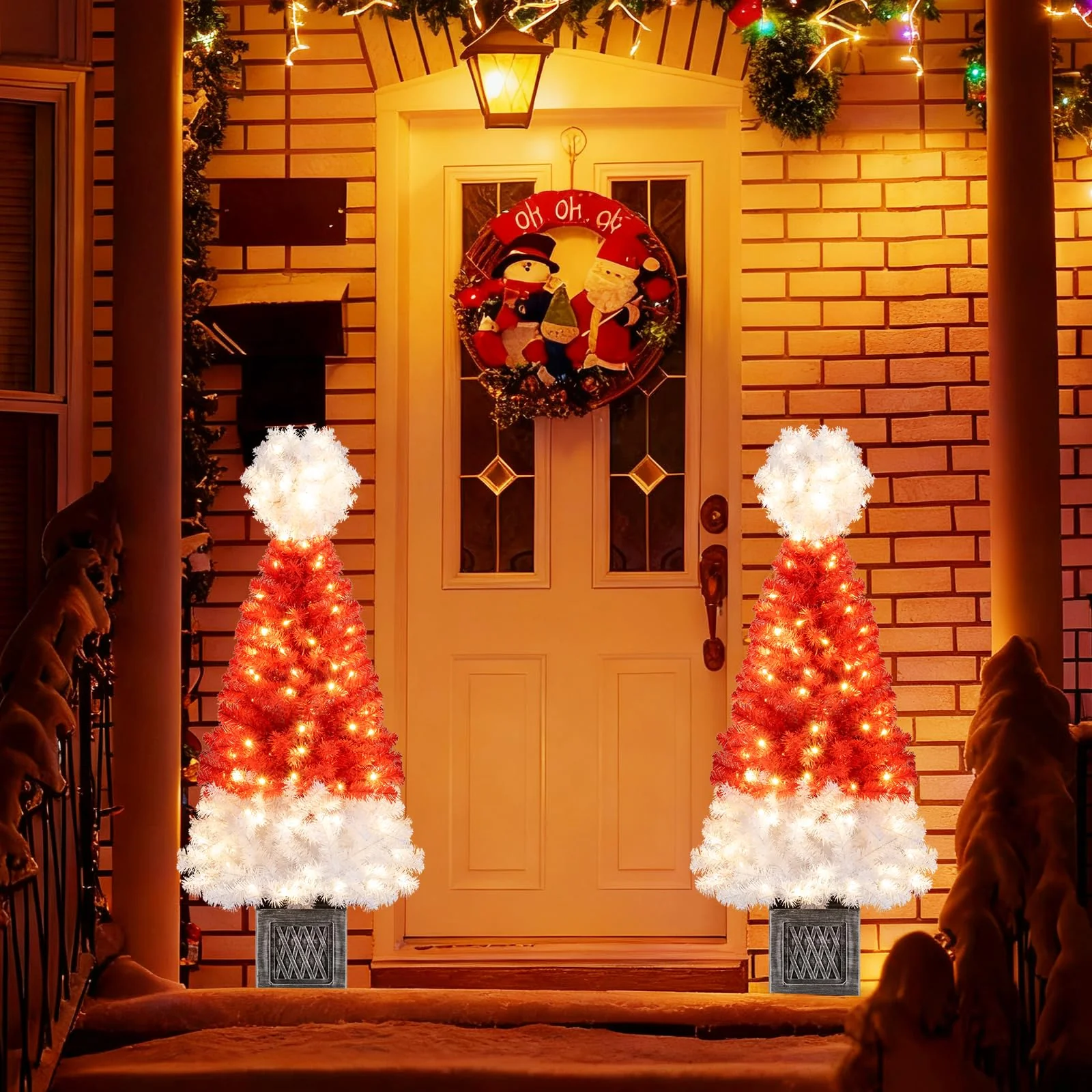 Goplus 4 FT Pre-Lit Christmas Tree for Entrances, Artificial Potted Santa Hat Xmas Tree with 300 Branch Tips - Image 2