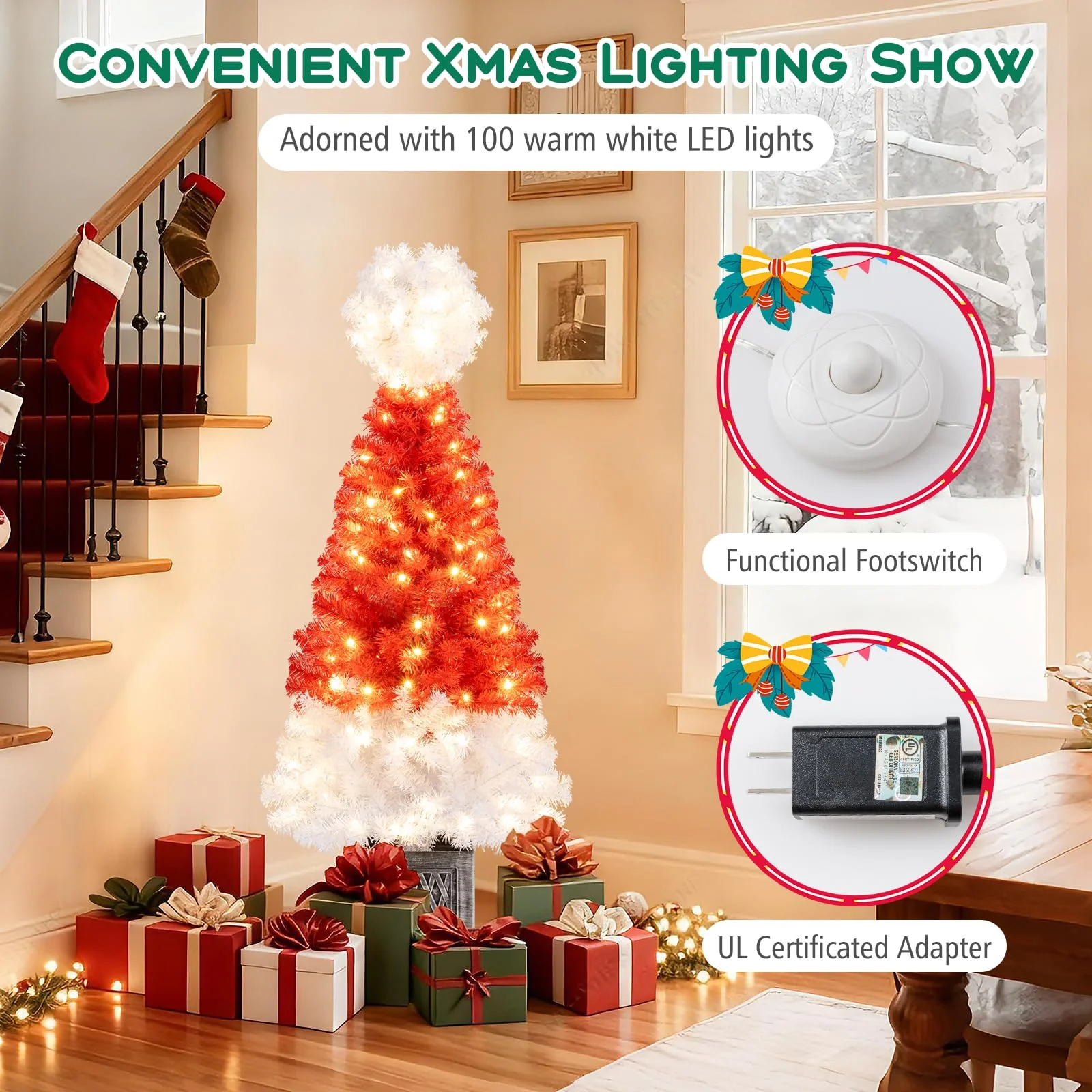 Goplus 4 FT Pre-Lit Christmas Tree for Entrances, Artificial Potted Santa Hat Xmas Tree with 300 Branch Tips - Image 3