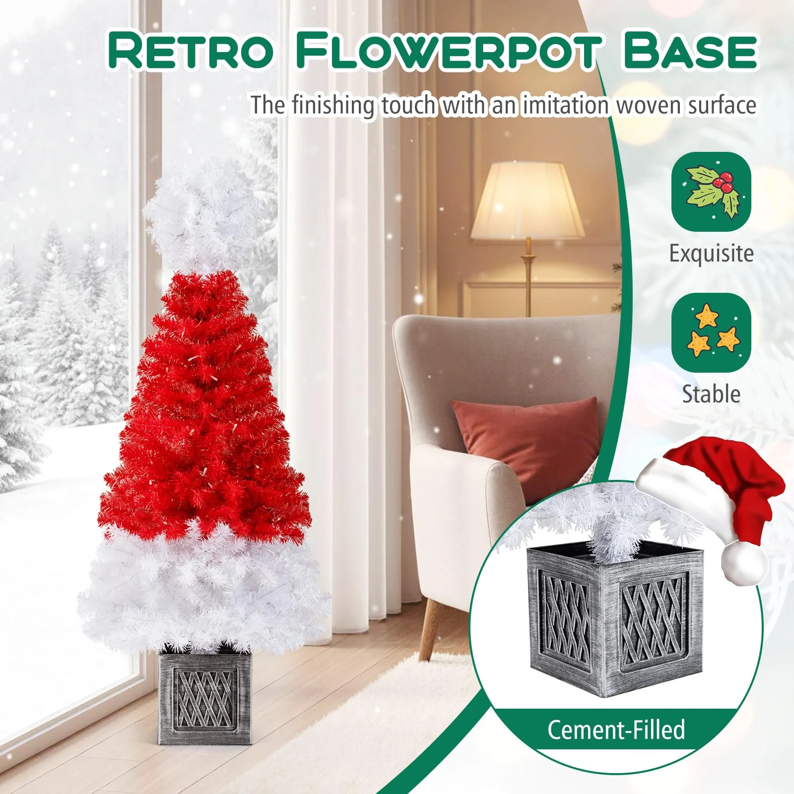 Goplus 4 FT Pre-Lit Christmas Tree for Entrances, Artificial Potted Santa Hat Xmas Tree with 300 Branch Tips - Image 5