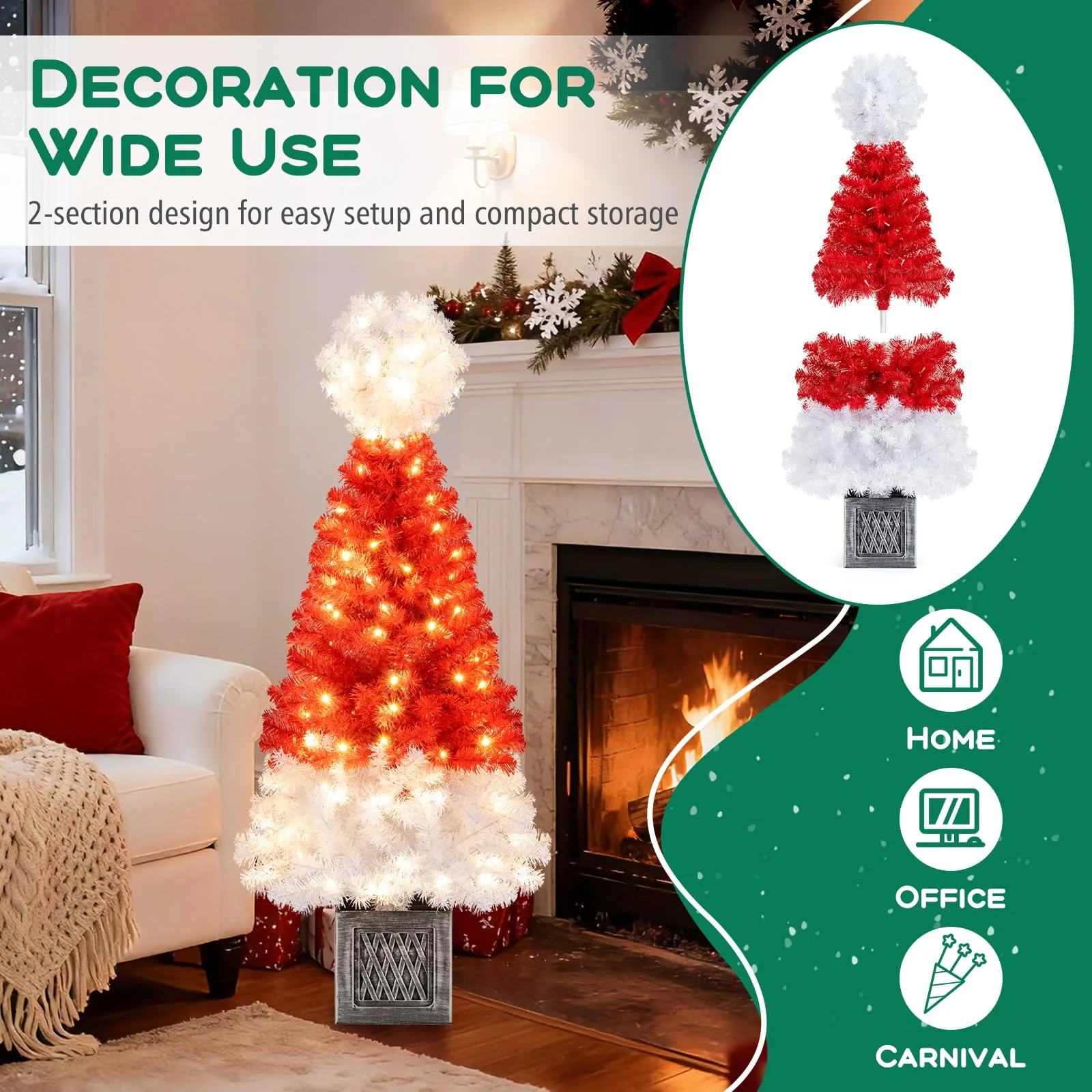 Goplus 4 FT Pre-Lit Christmas Tree for Entrances, Artificial Potted Santa Hat Xmas Tree with 300 Branch Tips - Image 6