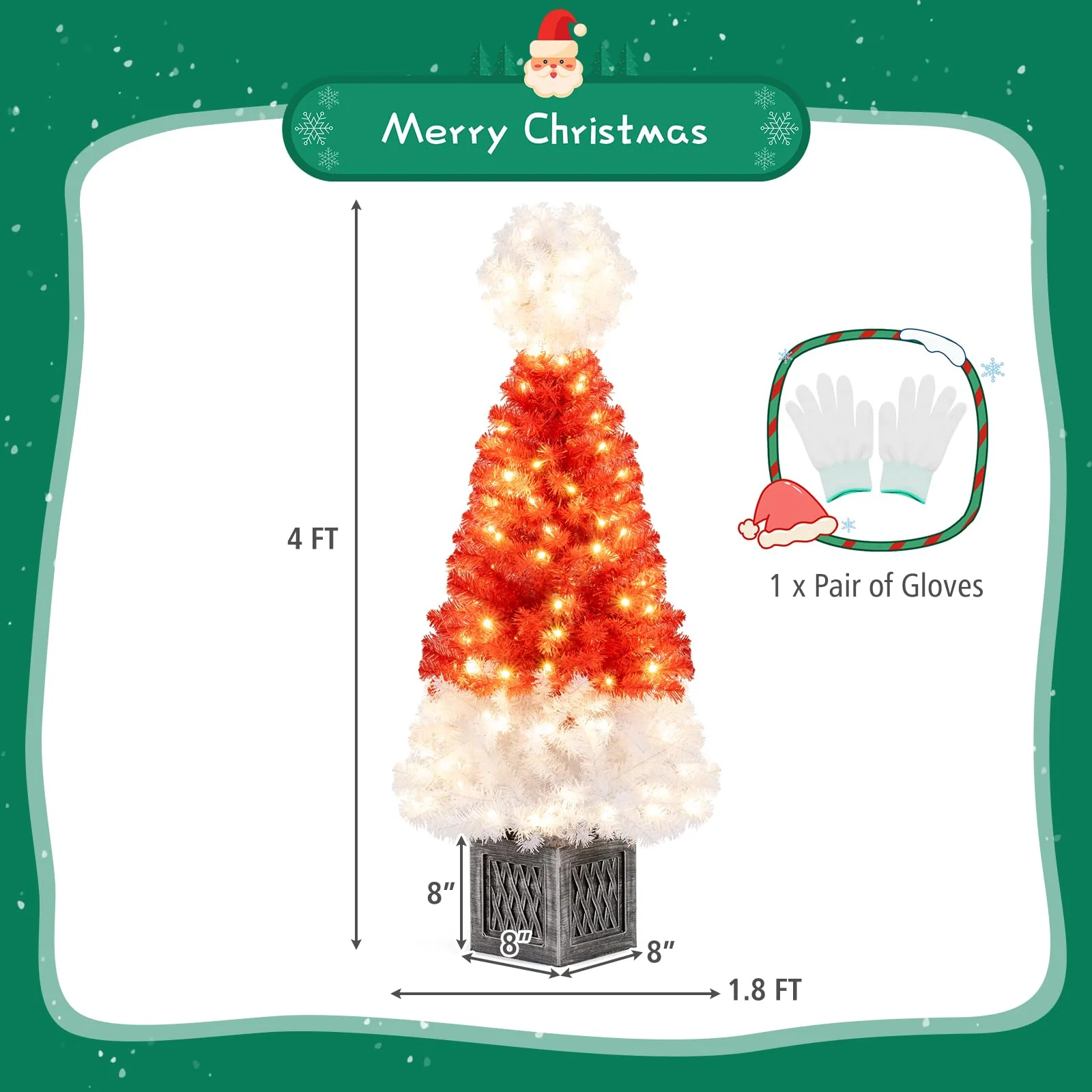 Goplus 4 FT Pre-Lit Christmas Tree for Entrances, Artificial Potted Santa Hat Xmas Tree with 300 Branch Tips - Image 7