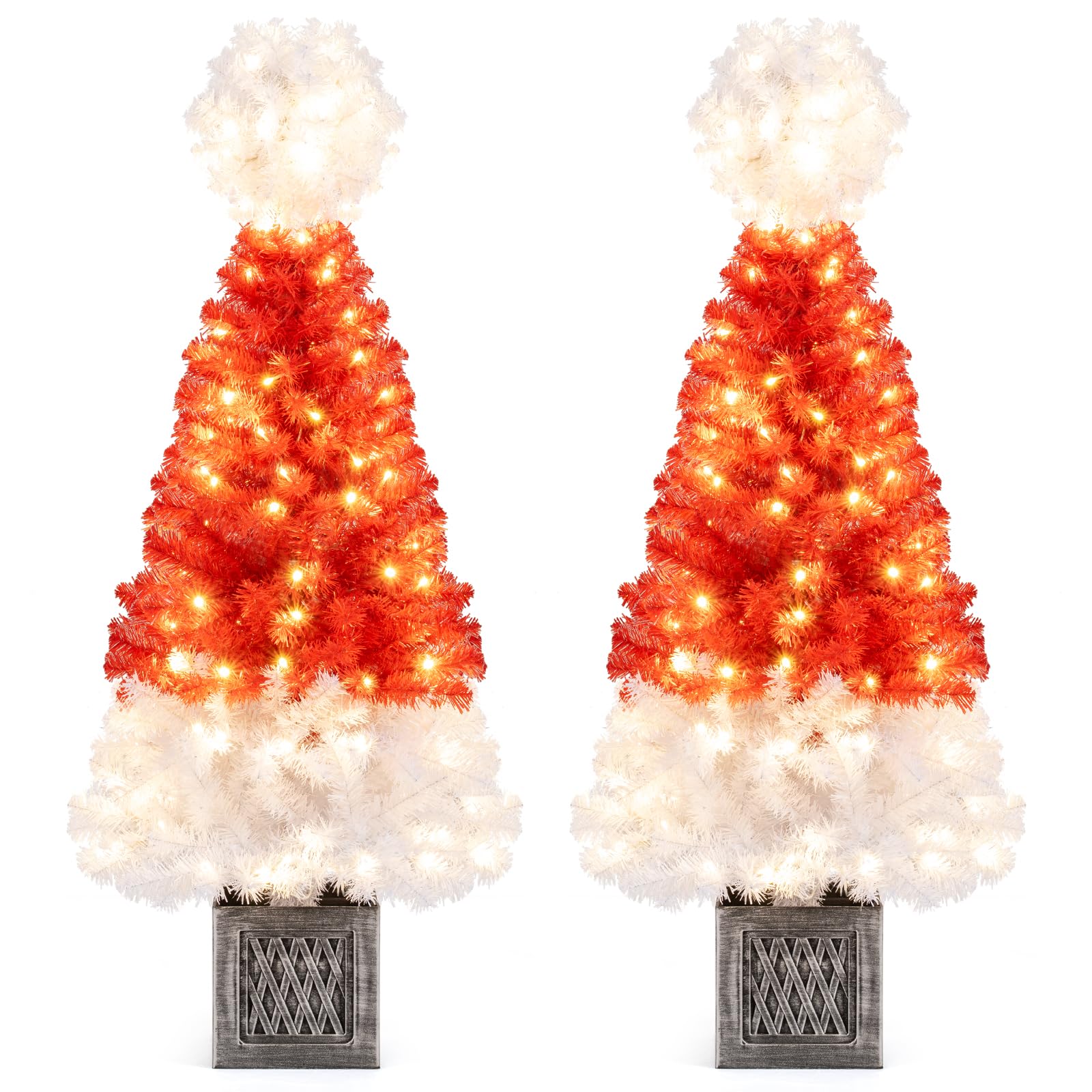 Goplus 4 FT Pre-Lit Christmas Tree for Entrances, Artificial Potted Santa Hat Xmas Tree with 300 Branch Tips - Image 8