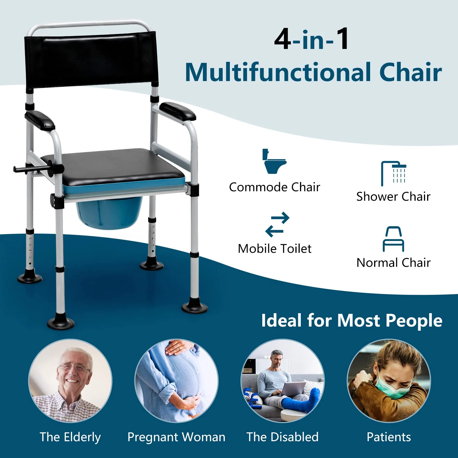 Goplus 4-in-1 Bedside Commode, Folding Toilet Bedside Shower Chair with Detachable Bucket - Image 3