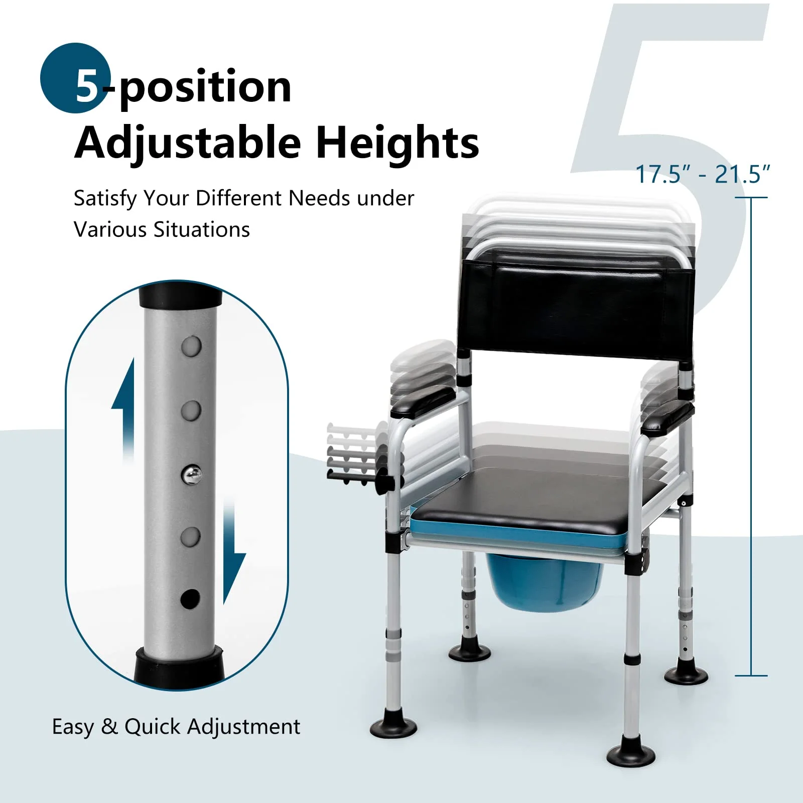 Goplus 4-in-1 Bedside Commode, Folding Toilet Bedside Shower Chair with Detachable Bucket - Image 4