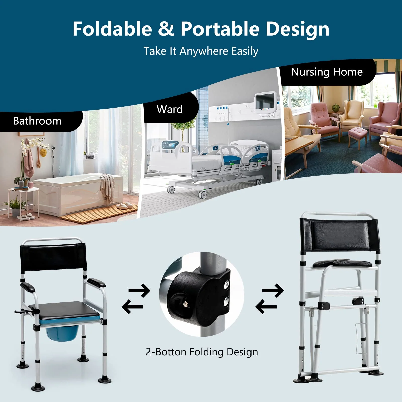 Goplus 4-in-1 Bedside Commode, Folding Toilet Bedside Shower Chair with Detachable Bucket - Image 5