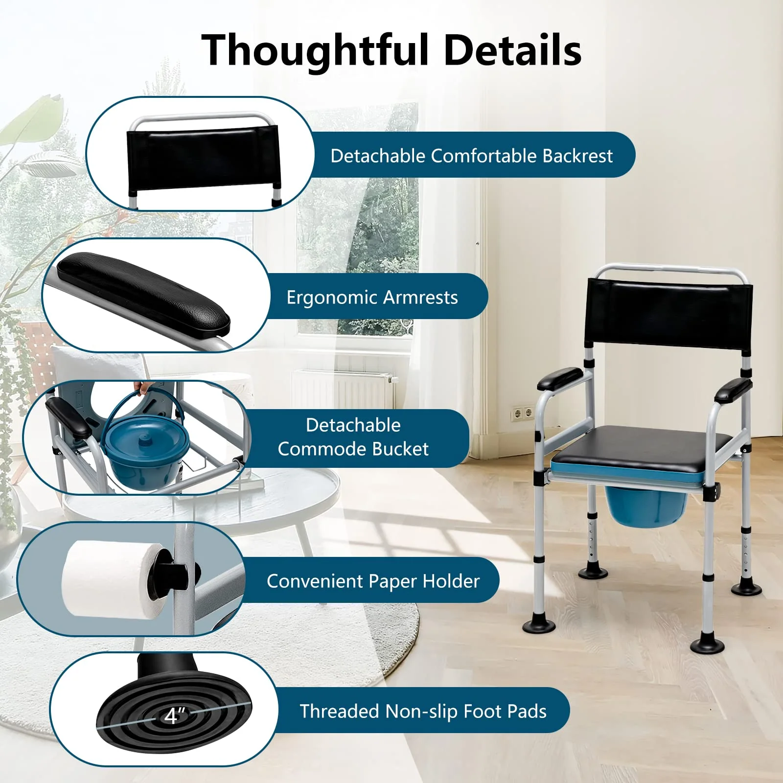 Goplus 4-in-1 Bedside Commode, Folding Toilet Bedside Shower Chair with Detachable Bucket - Image 7