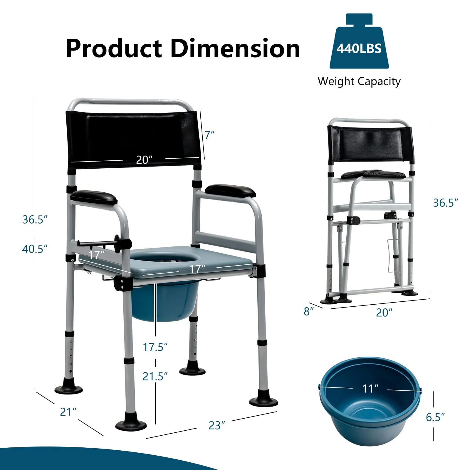 Goplus 4-in-1 Bedside Commode, Folding Toilet Bedside Shower Chair with Detachable Bucket - Image 8
