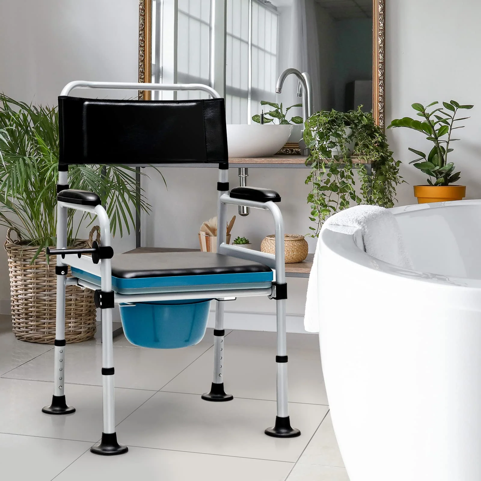 Goplus 4-in-1 Bedside Commode, Folding Toilet Bedside Shower Chair with Detachable Bucket - Image 9