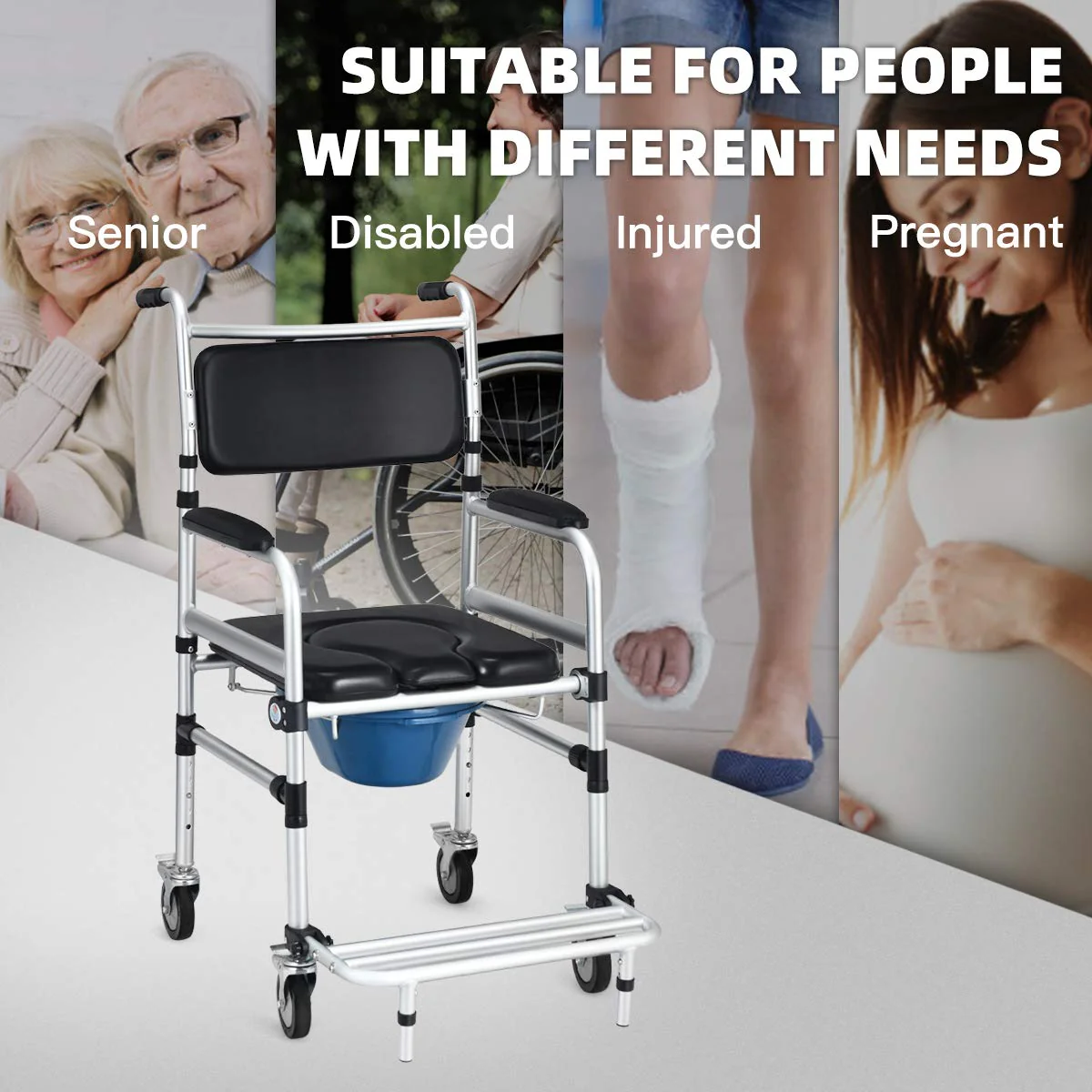 Goplus 4 in 1 Shower Commode Wheelchair, 330lbs Bedside Commode Chair for Toilet with Arms - Image 3