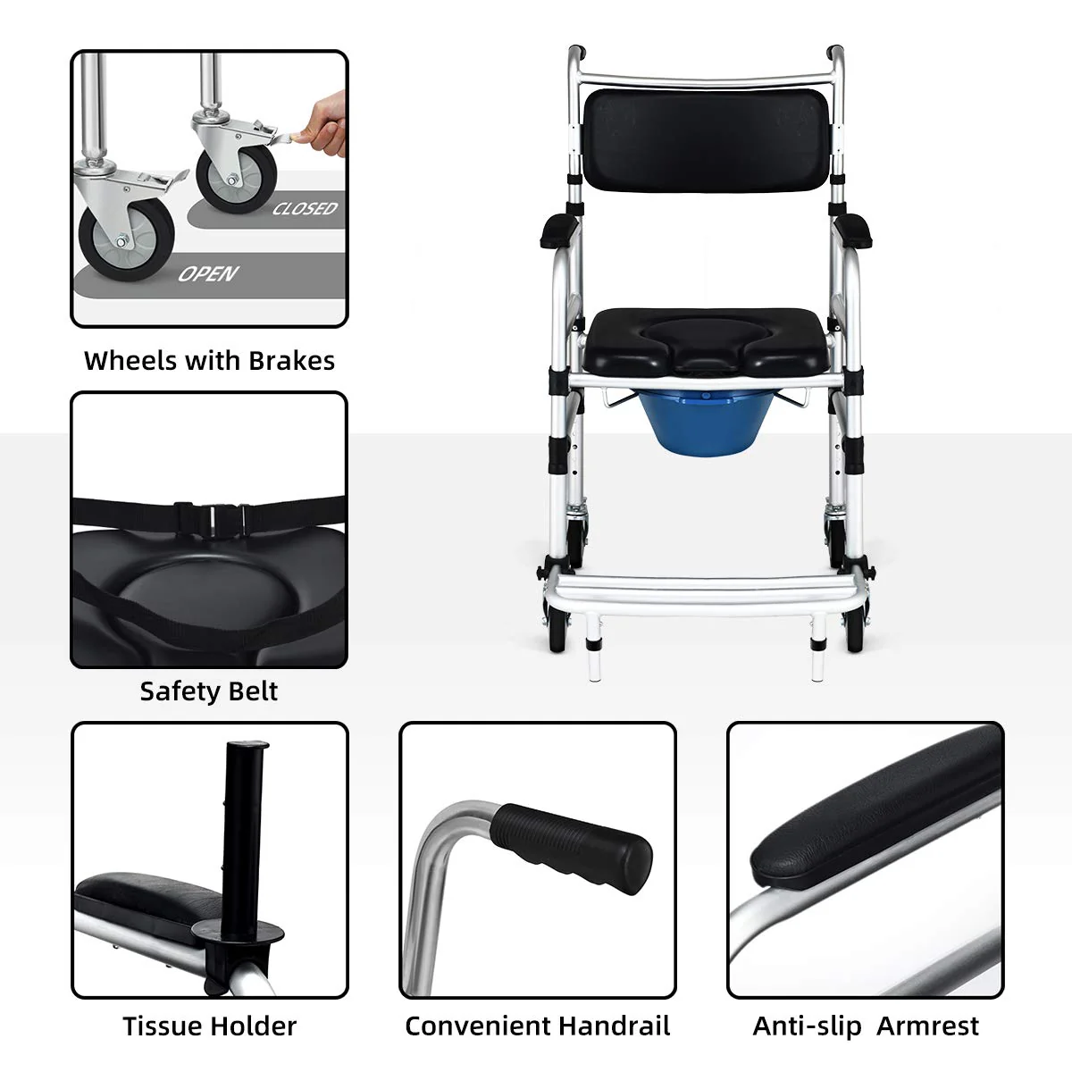 Goplus 4 in 1 Shower Commode Wheelchair, 330lbs Bedside Commode Chair for Toilet with Arms - Image 6