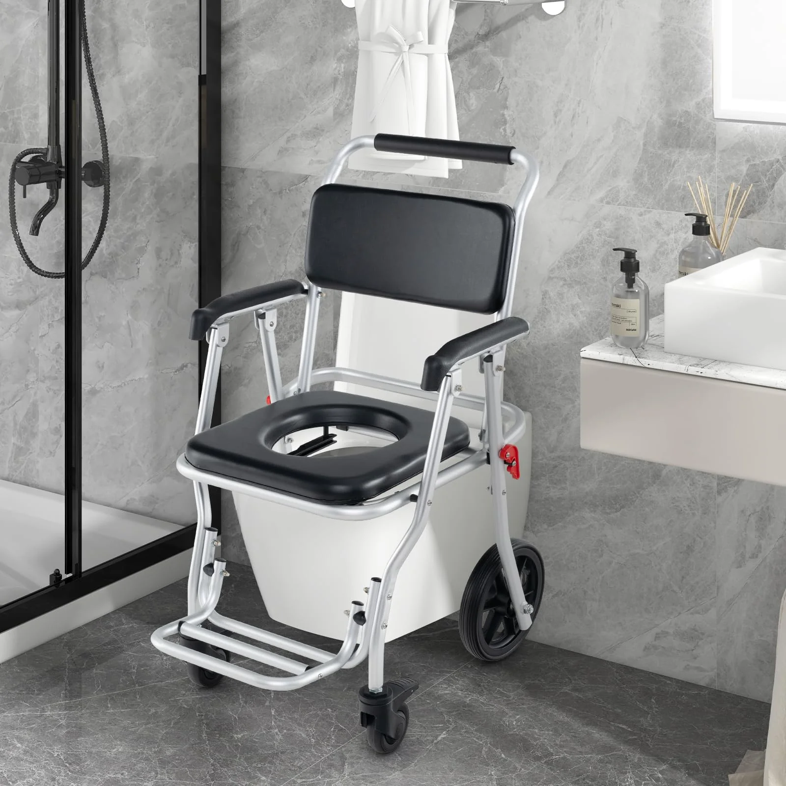 Goplus 4 in 1 Shower Commode Wheelchair, 330lbs Foldable Bedside Commode Chair for Toilet with Arms - Image 3