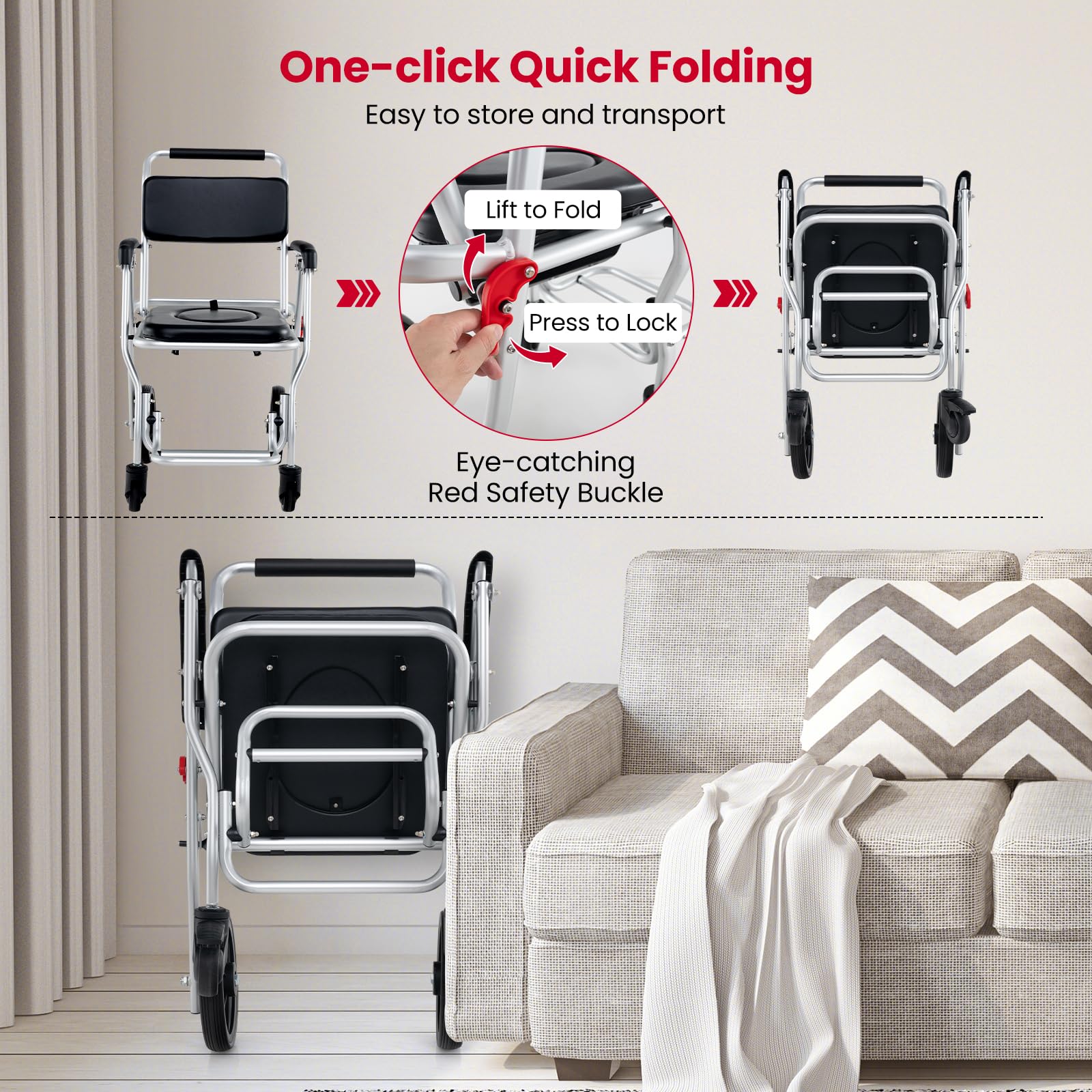 Goplus 4 in 1 Shower Commode Wheelchair, 330lbs Foldable Bedside Commode Chair for Toilet with Arms - Image 6