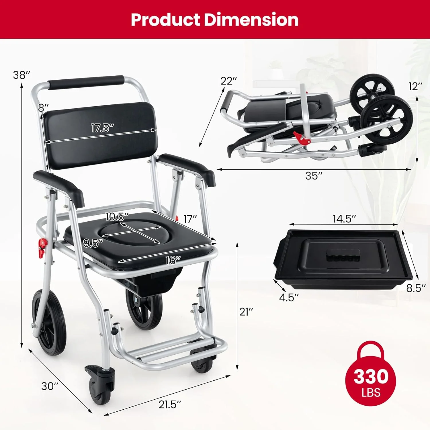 Goplus 4 in 1 Shower Commode Wheelchair, 330lbs Foldable Bedside Commode Chair for Toilet with Arms - Image 8