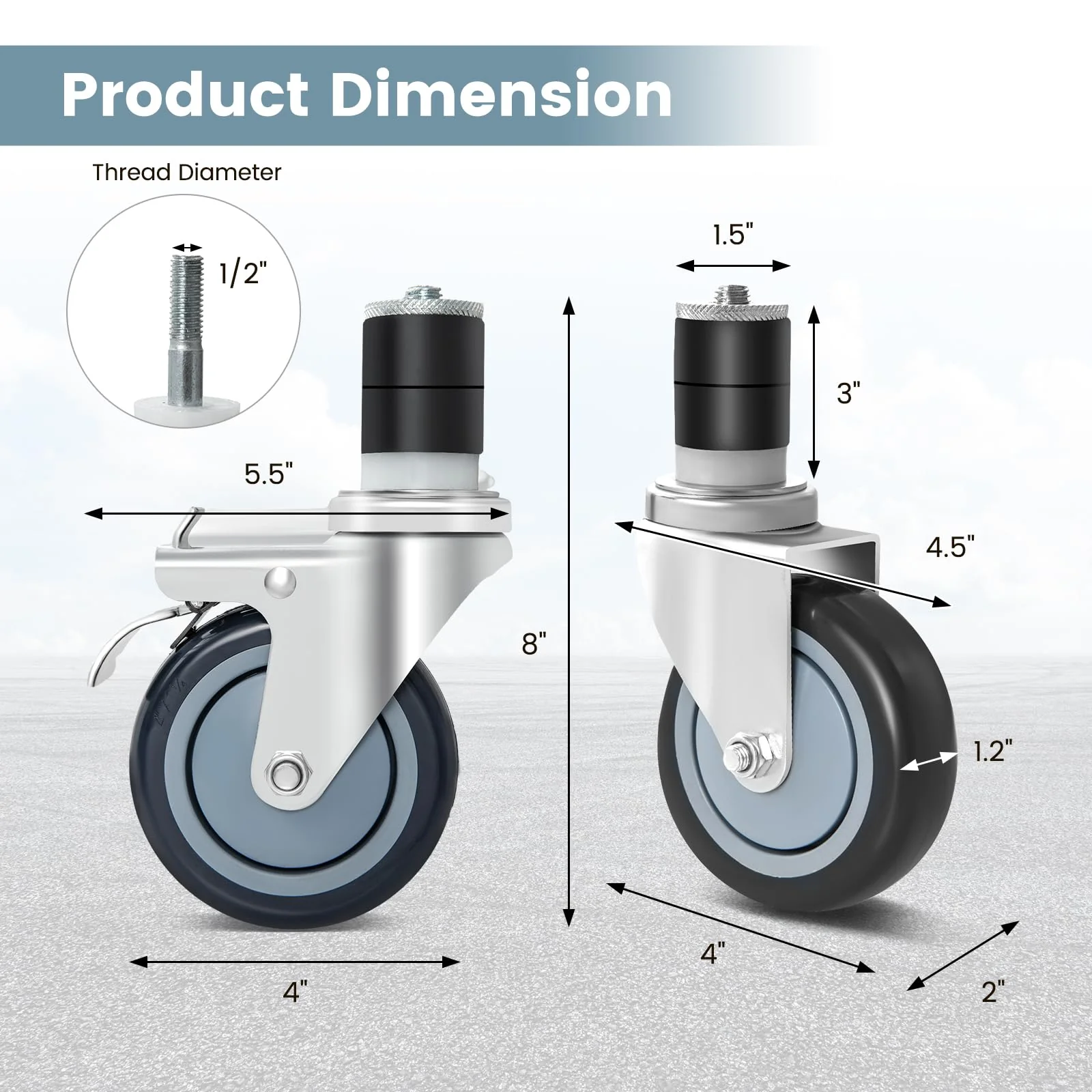 Goplus 4 inch Caster Wheel Set,Expanding Stem Caster Set of 4, 2 Wheels with Brakes - Image 5