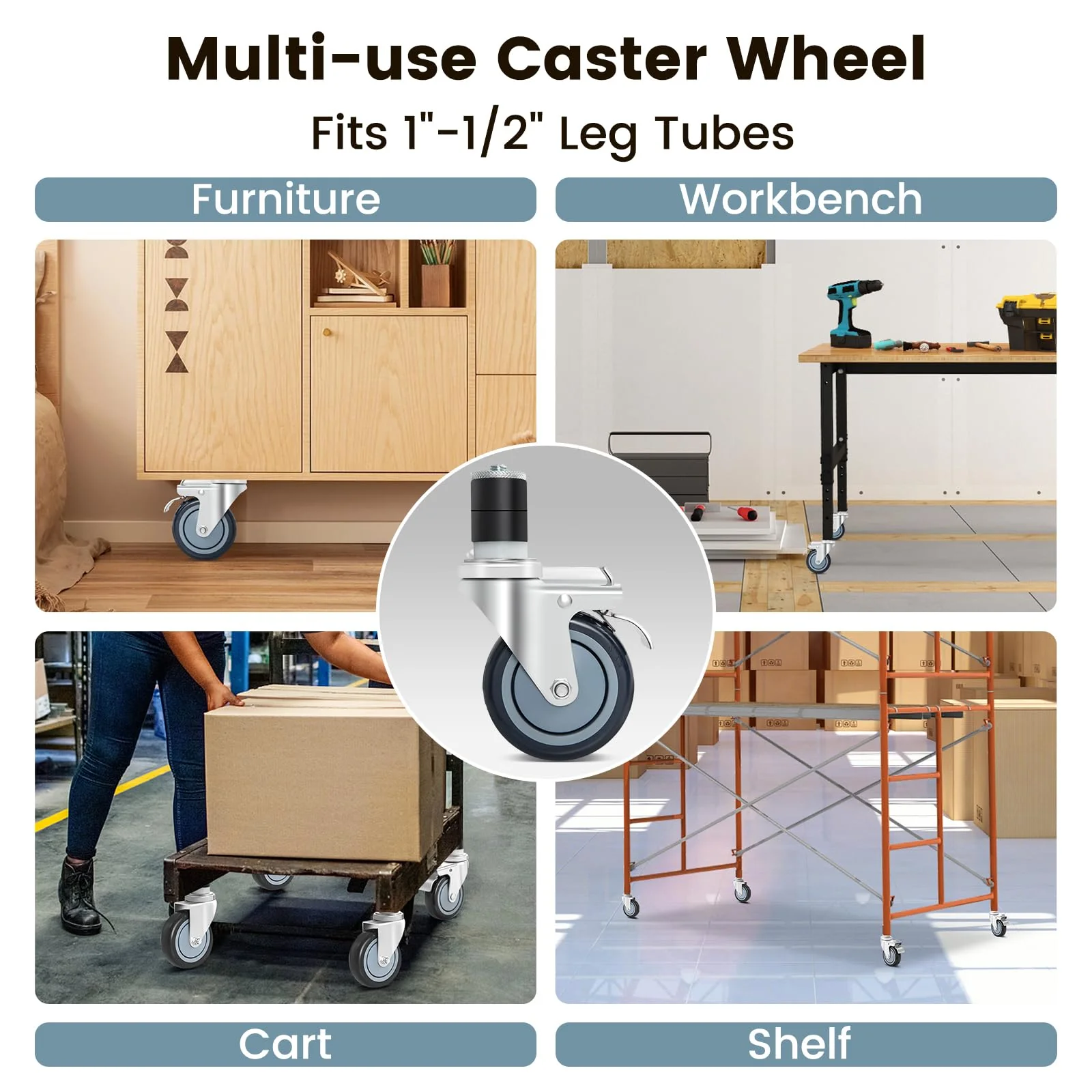 Goplus 4 inch Caster Wheel Set,Expanding Stem Caster Set of 4, 2 Wheels with Brakes - Image 7