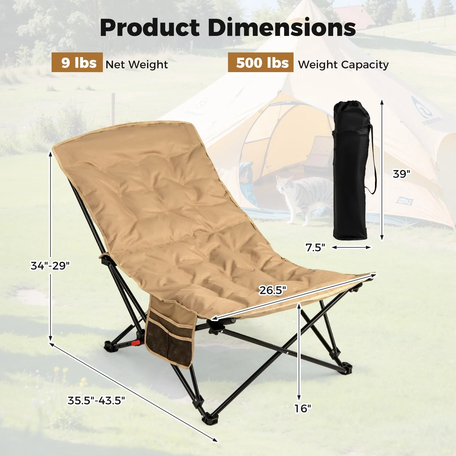 Goplus 4-Position Padded Outdoor Chair with 500 LBS Support Portable Folding Camping Chair - Image 3