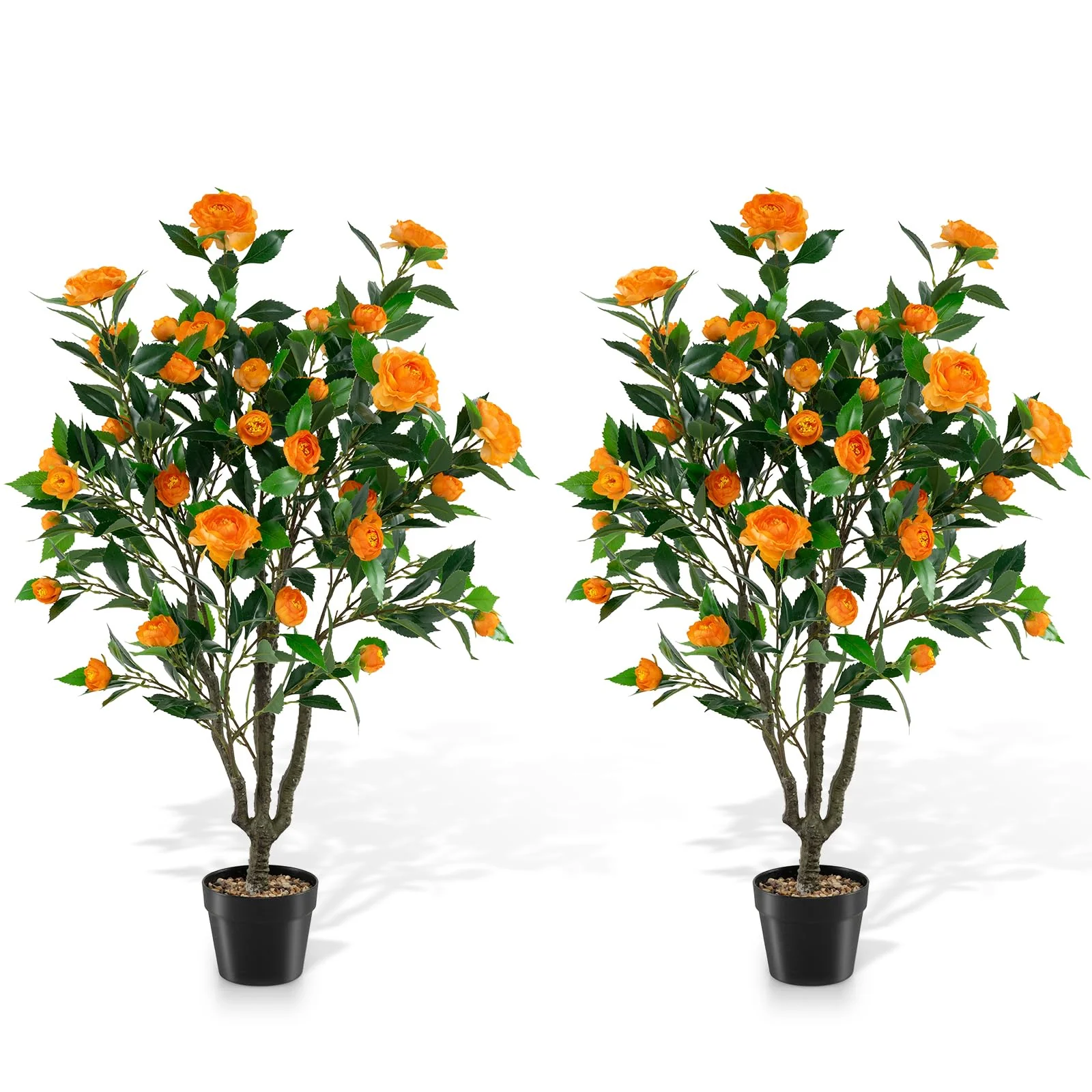 Goplus 40" Artificial Camellia Tree Faux Camellia Potted Plant in Cement-Filled Pot (1/2 Pack) - Image 2