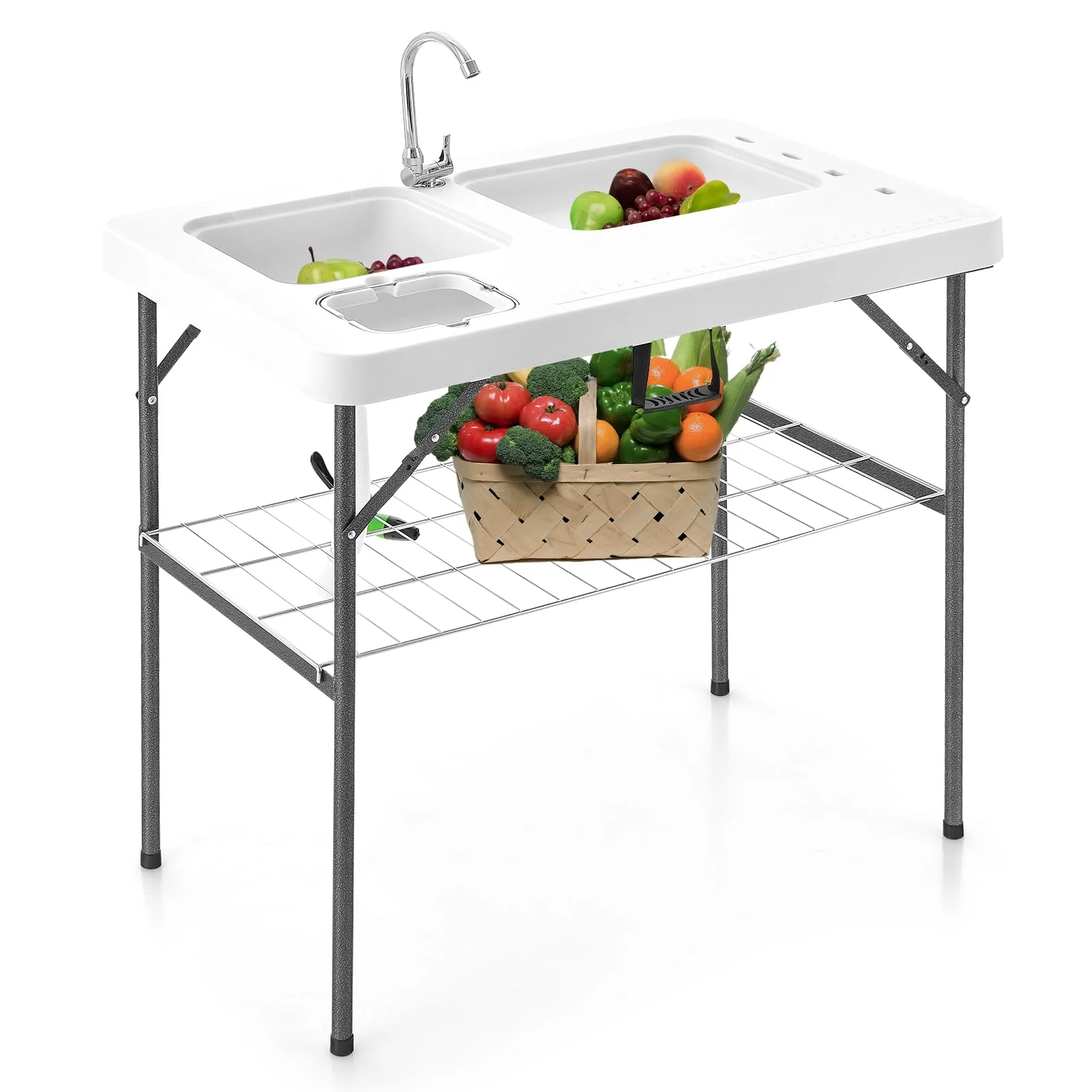 Goplus 40" Folding Fish Cleaning Table with Dual Water Basins