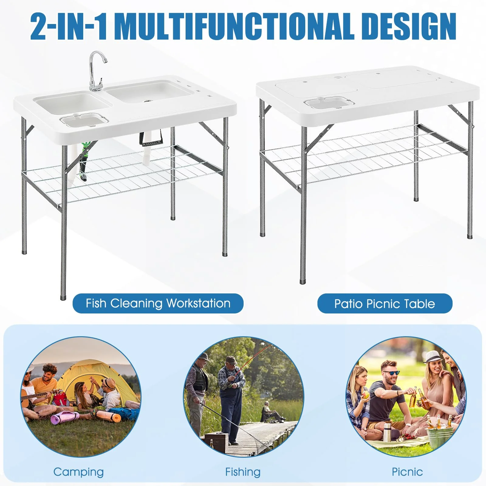 Goplus 40" Folding Fish Cleaning Table with Dual Water Basins - Image 2