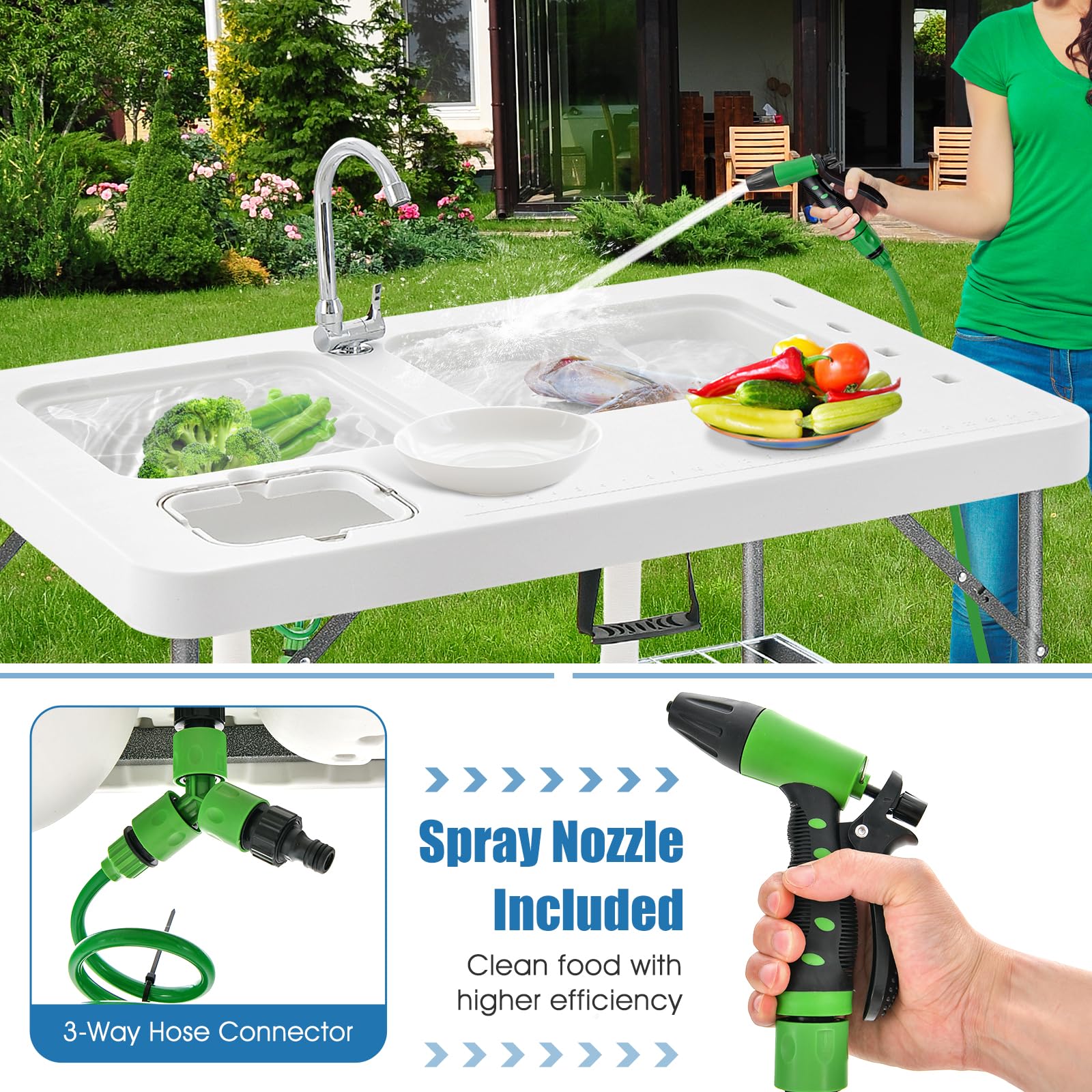 Goplus 40" Folding Fish Cleaning Table with Dual Water Basins - Image 3