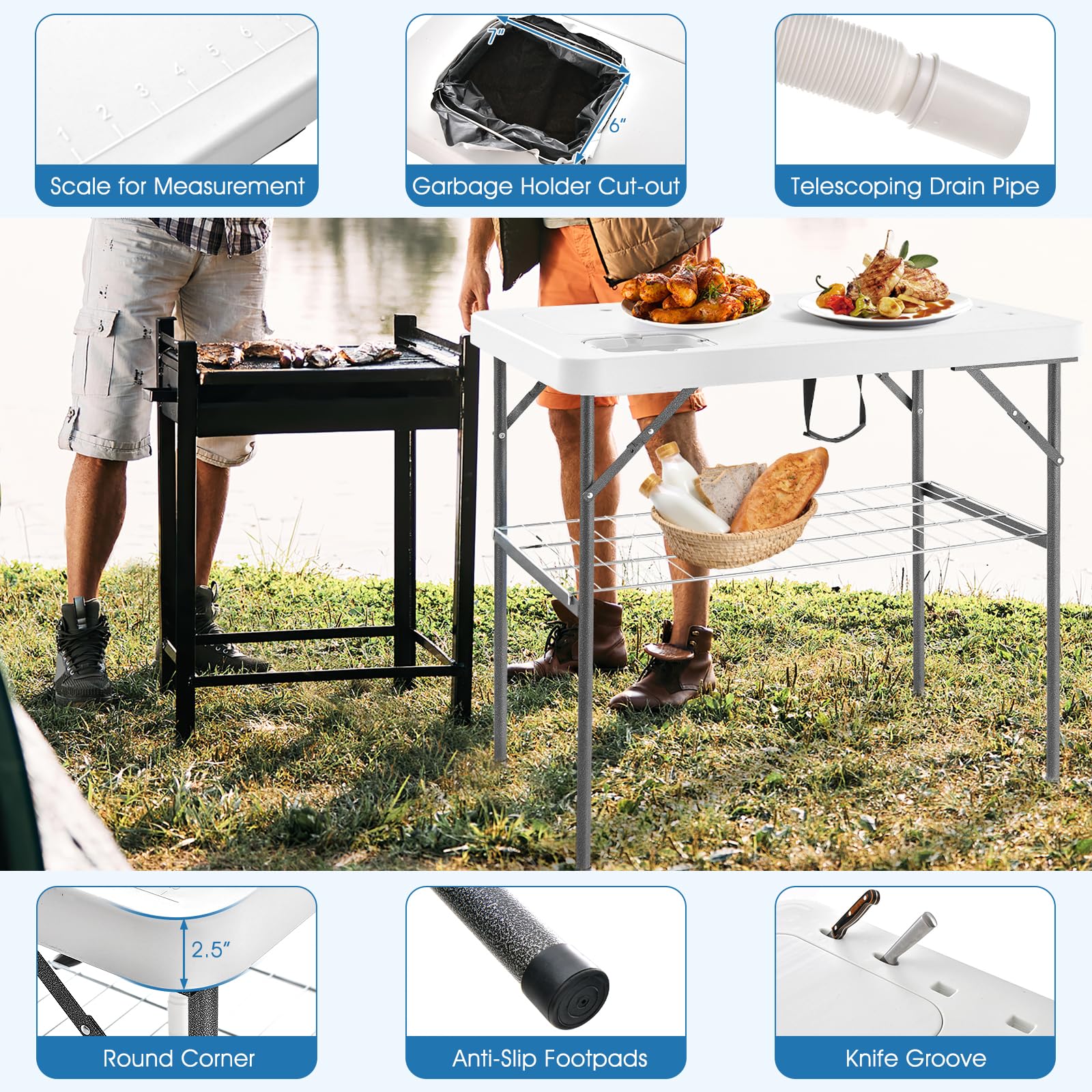 Goplus 40" Folding Fish Cleaning Table with Dual Water Basins - Image 5