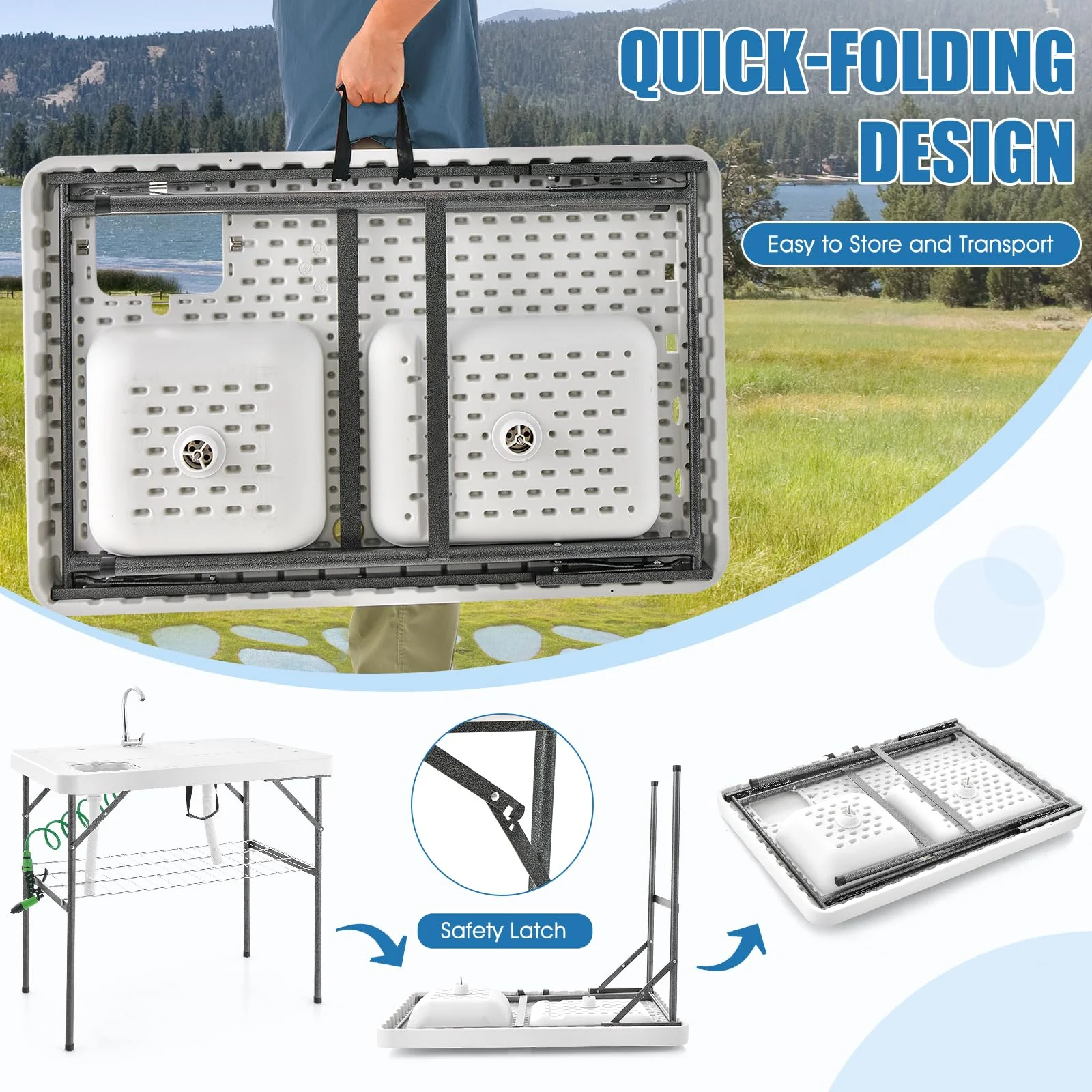 Goplus 40" Folding Fish Cleaning Table with Dual Water Basins - Image 6