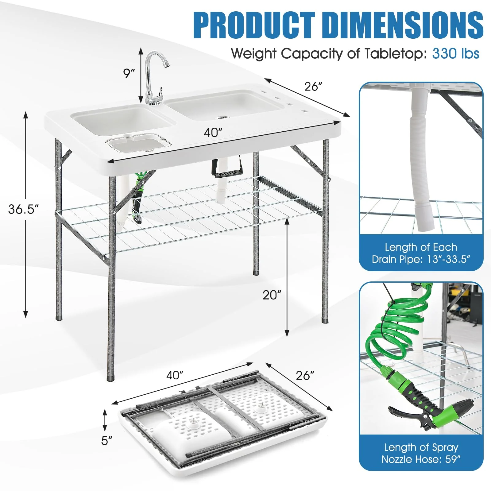 Goplus 40" Folding Fish Cleaning Table with Dual Water Basins - Image 7