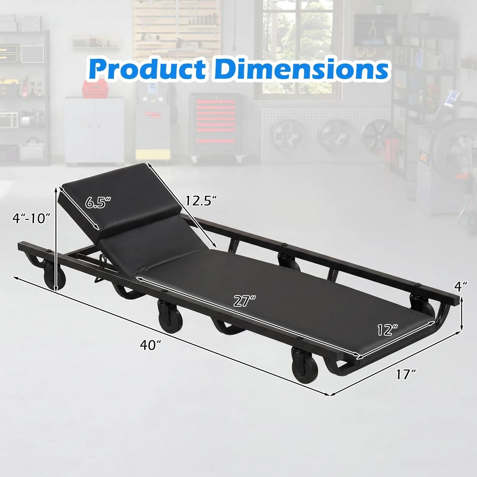 Goplus 40 Inch Padded Rolling Creeper with Adjustable Backrest & Headrest - Image 2