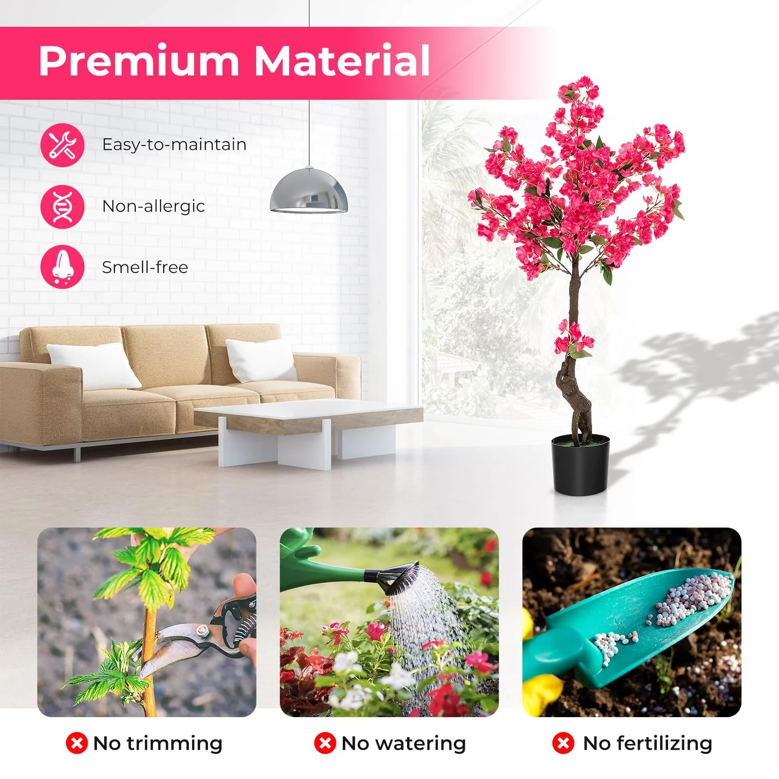 Goplus 41” Artificial Plum Blossom Tree, Fake Floral Plant with 92 Flowers & Realistic Trunk in Plastic Nursery Pot - Image 3
