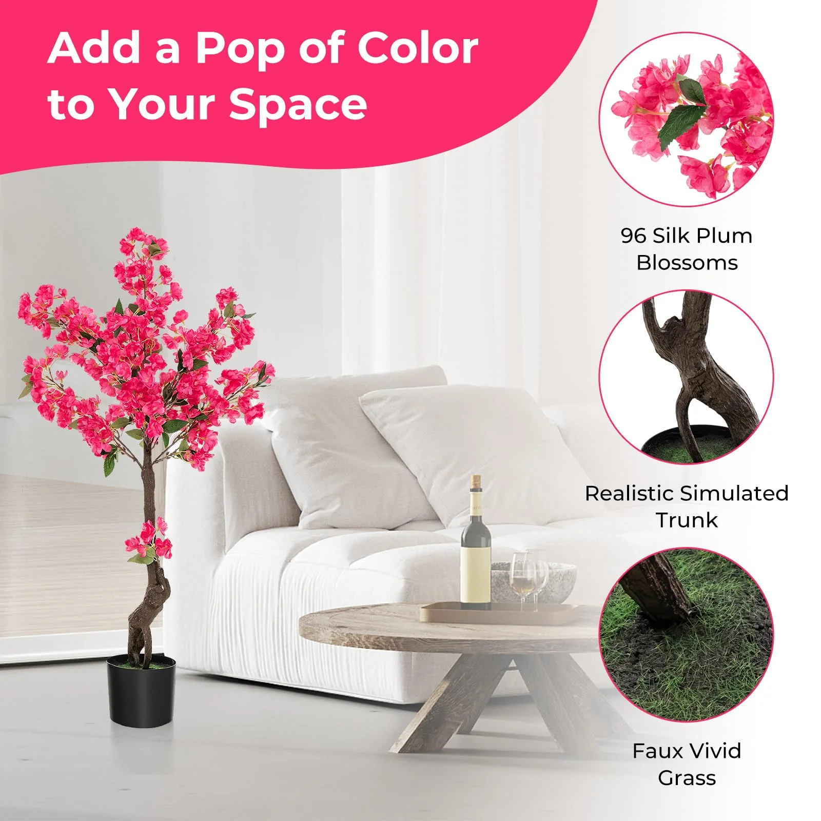 Goplus 41” Artificial Plum Blossom Tree, Fake Floral Plant with 92 Flowers & Realistic Trunk in Plastic Nursery Pot - Image 5