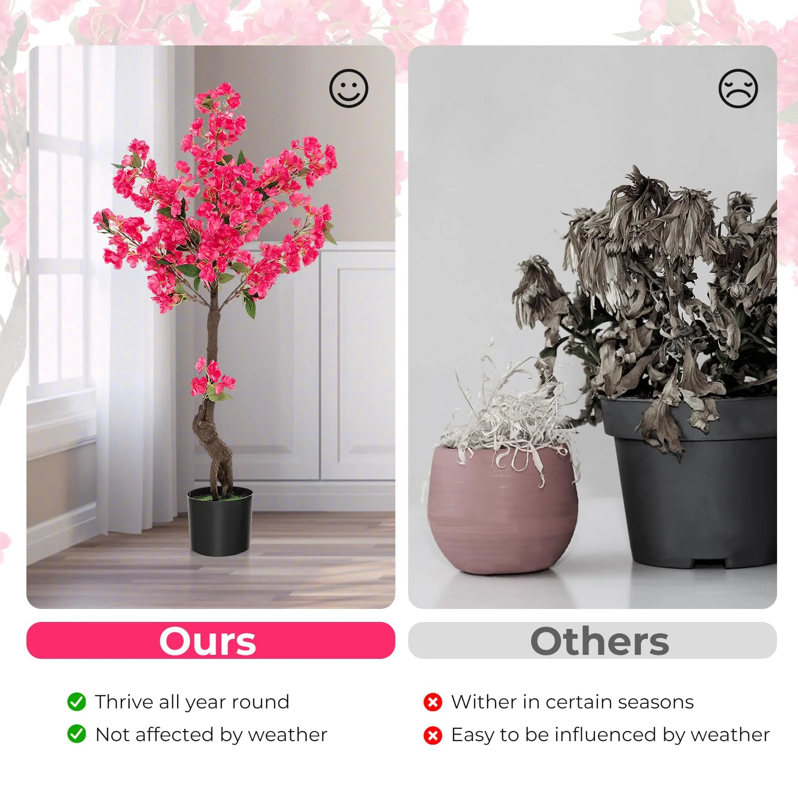 Goplus 41” Artificial Plum Blossom Tree, Fake Floral Plant with 92 Flowers & Realistic Trunk in Plastic Nursery Pot - Image 6