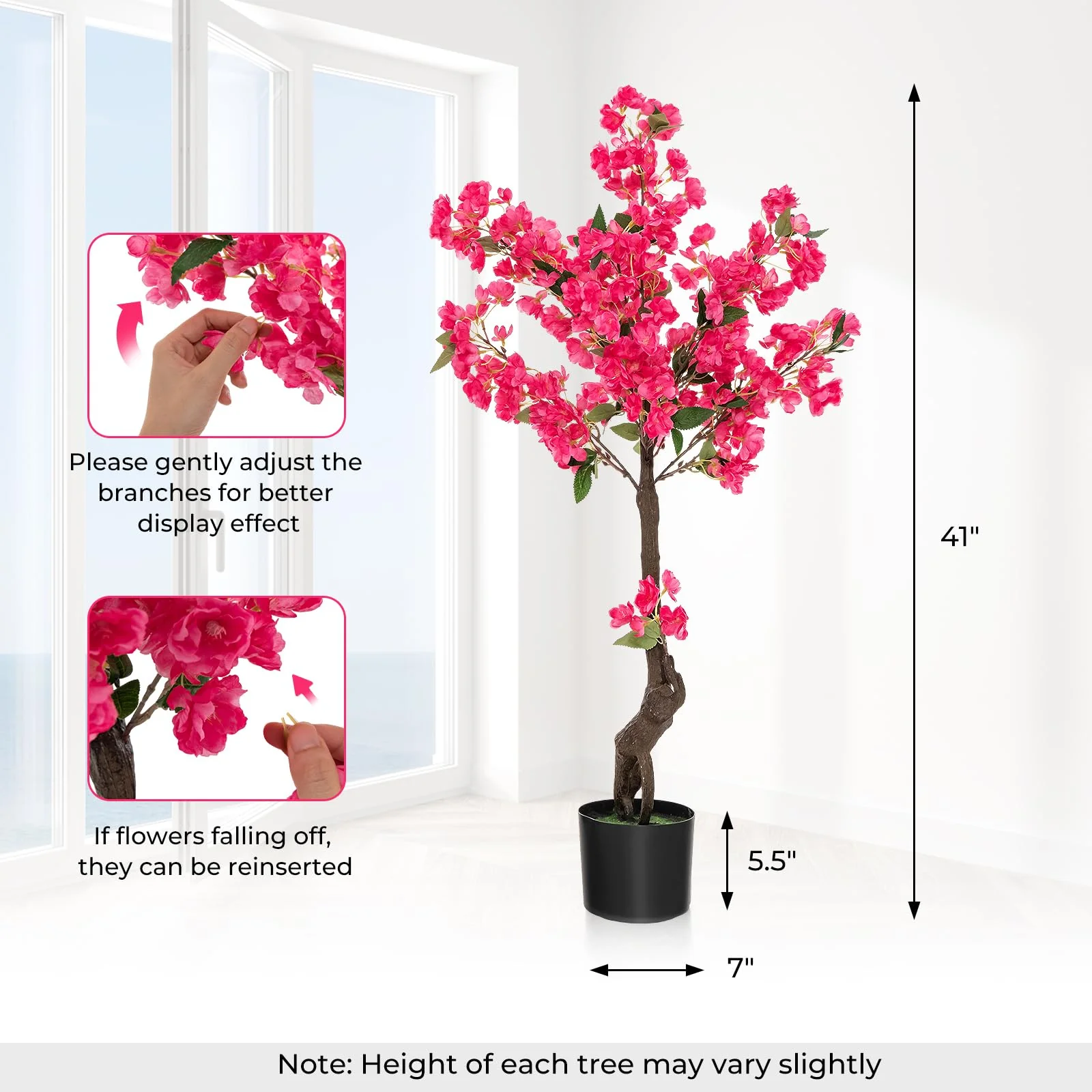 Goplus 41” Artificial Plum Blossom Tree, Fake Floral Plant with 92 Flowers & Realistic Trunk in Plastic Nursery Pot - Image 7