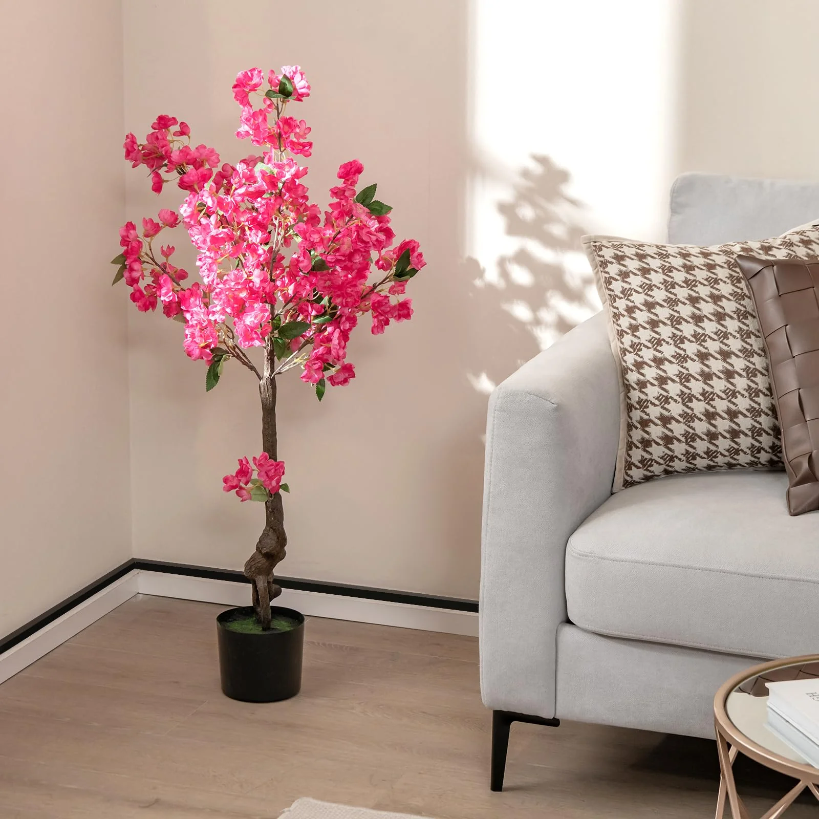 Goplus 41” Artificial Plum Blossom Tree, Fake Floral Plant with 92 Flowers & Realistic Trunk in Plastic Nursery Pot - Image 8