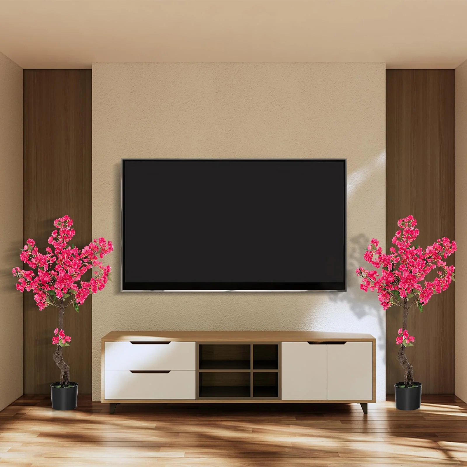 Goplus 41” Artificial Plum Blossom Tree, Fake Floral Plant with 92 Flowers & Realistic Trunk in Plastic Nursery Pot - Image 9