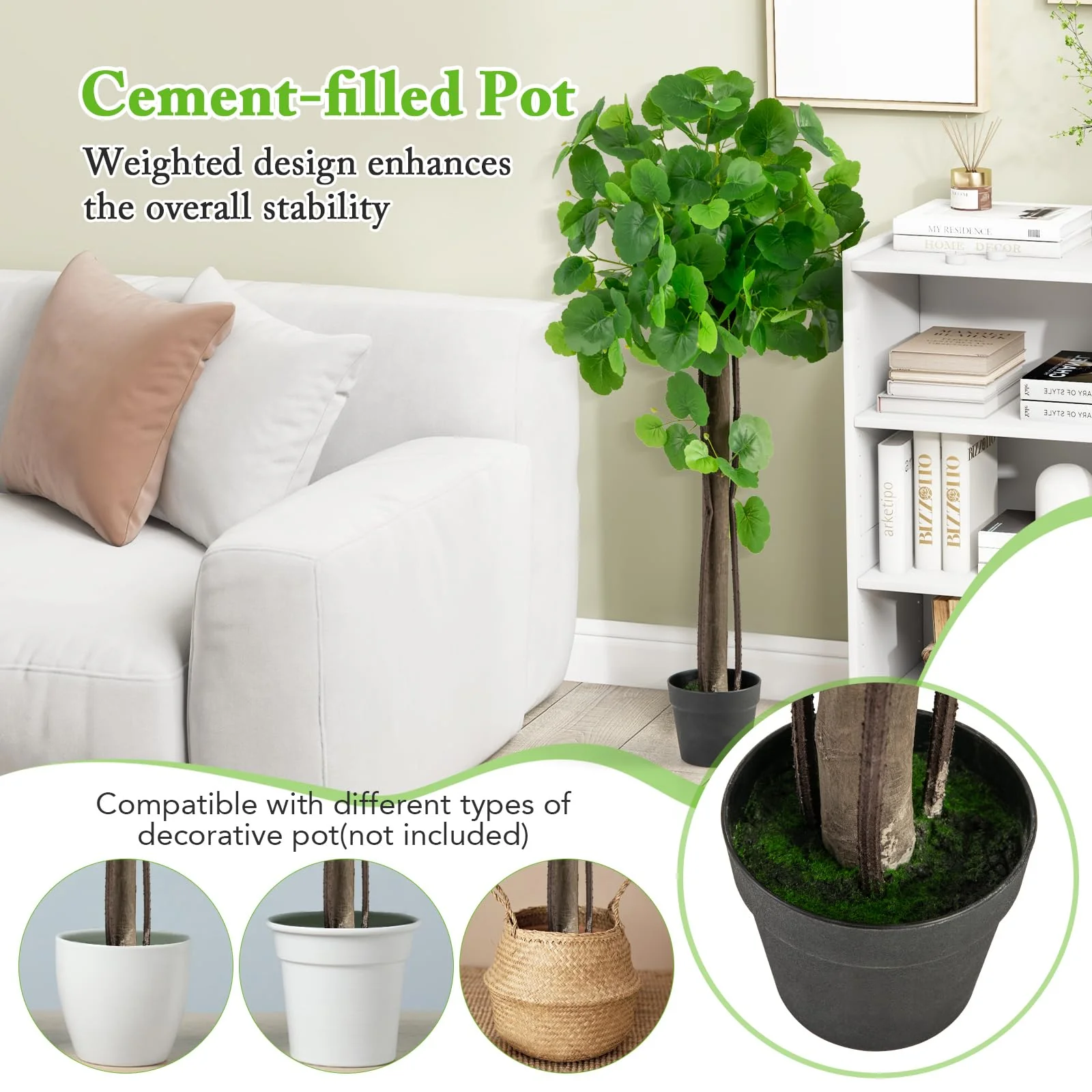 Goplus 44’’ Artificial Crabapple Tree, Tall Fake Plant in Pot with Real Wood Trunk - Image 4