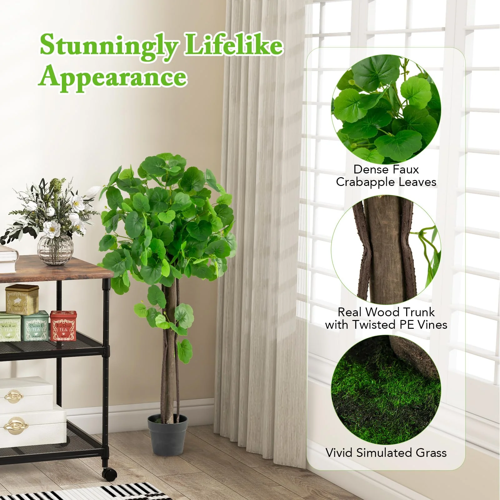 Goplus 44’’ Artificial Crabapple Tree, Tall Fake Plant in Pot with Real Wood Trunk - Image 8