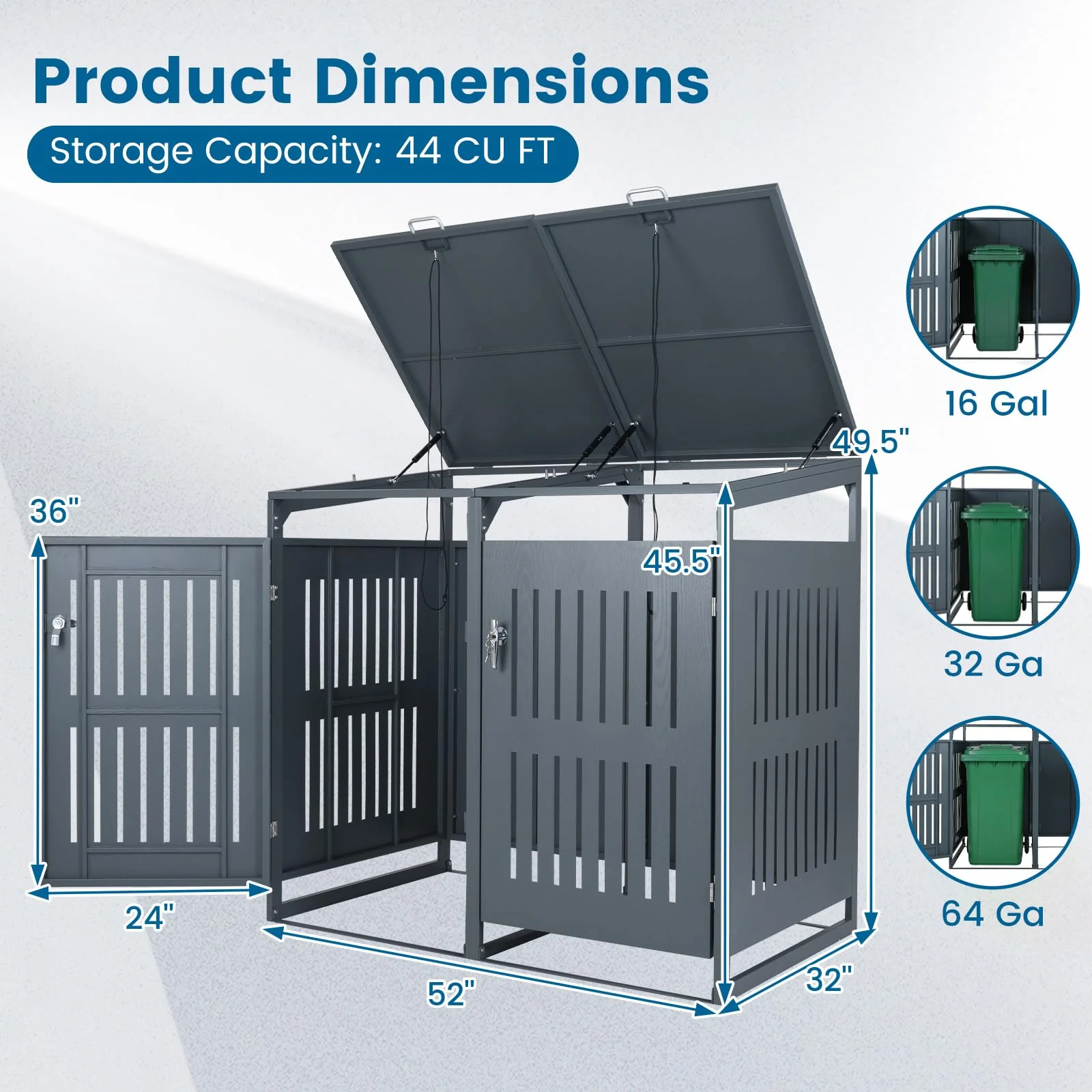 Goplus 44 Cu.Ft Outdoor Trash Can Storage Shed for 2 Bins with Gas Struts - Image 3