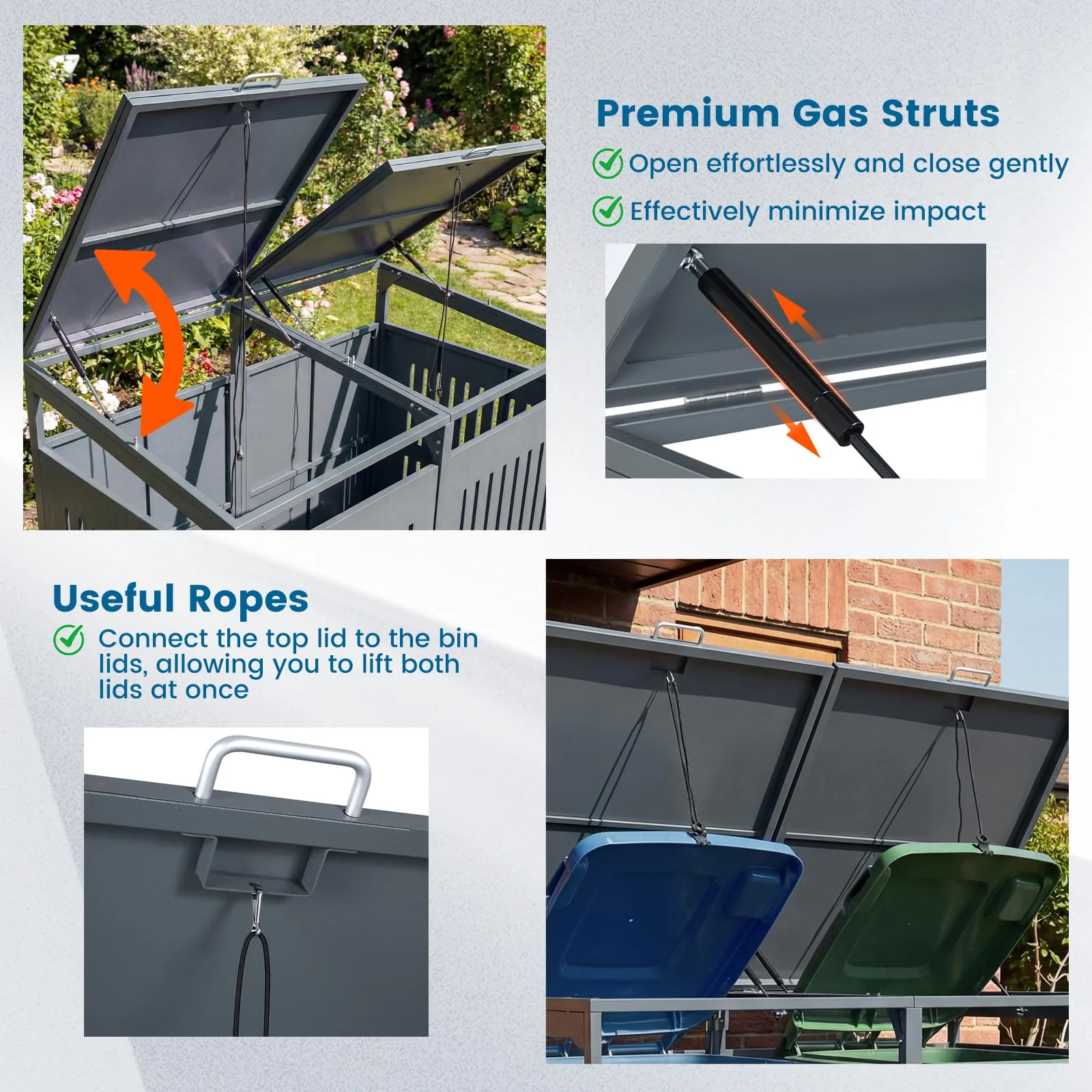 Goplus 44 Cu.Ft Outdoor Trash Can Storage Shed for 2 Bins with Gas Struts - Image 4