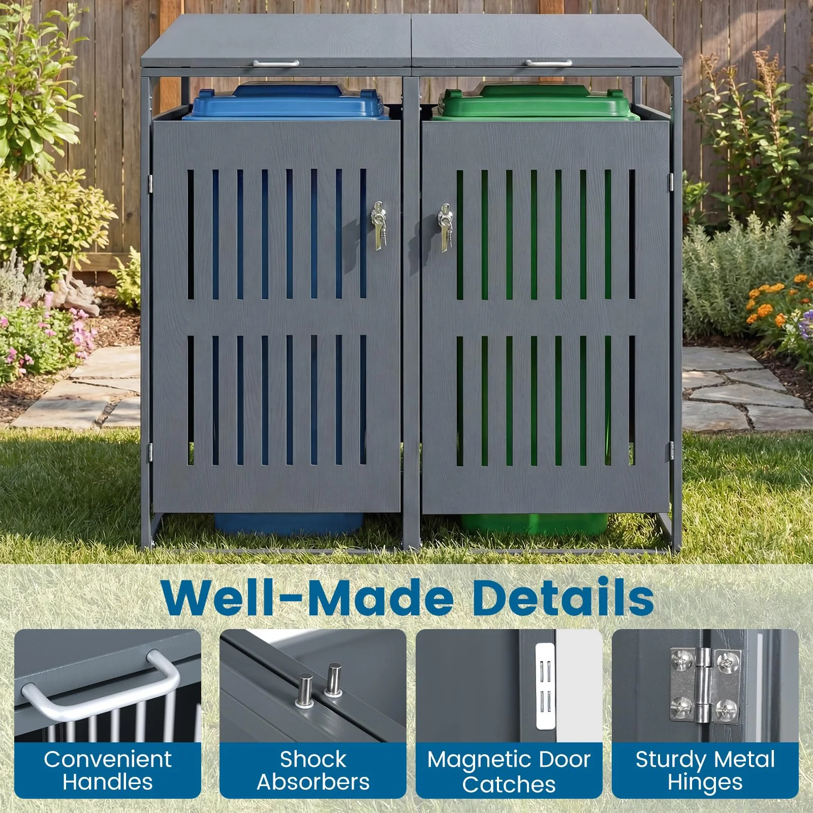 Goplus 44 Cu.Ft Outdoor Trash Can Storage Shed for 2 Bins with Gas Struts - Image 7