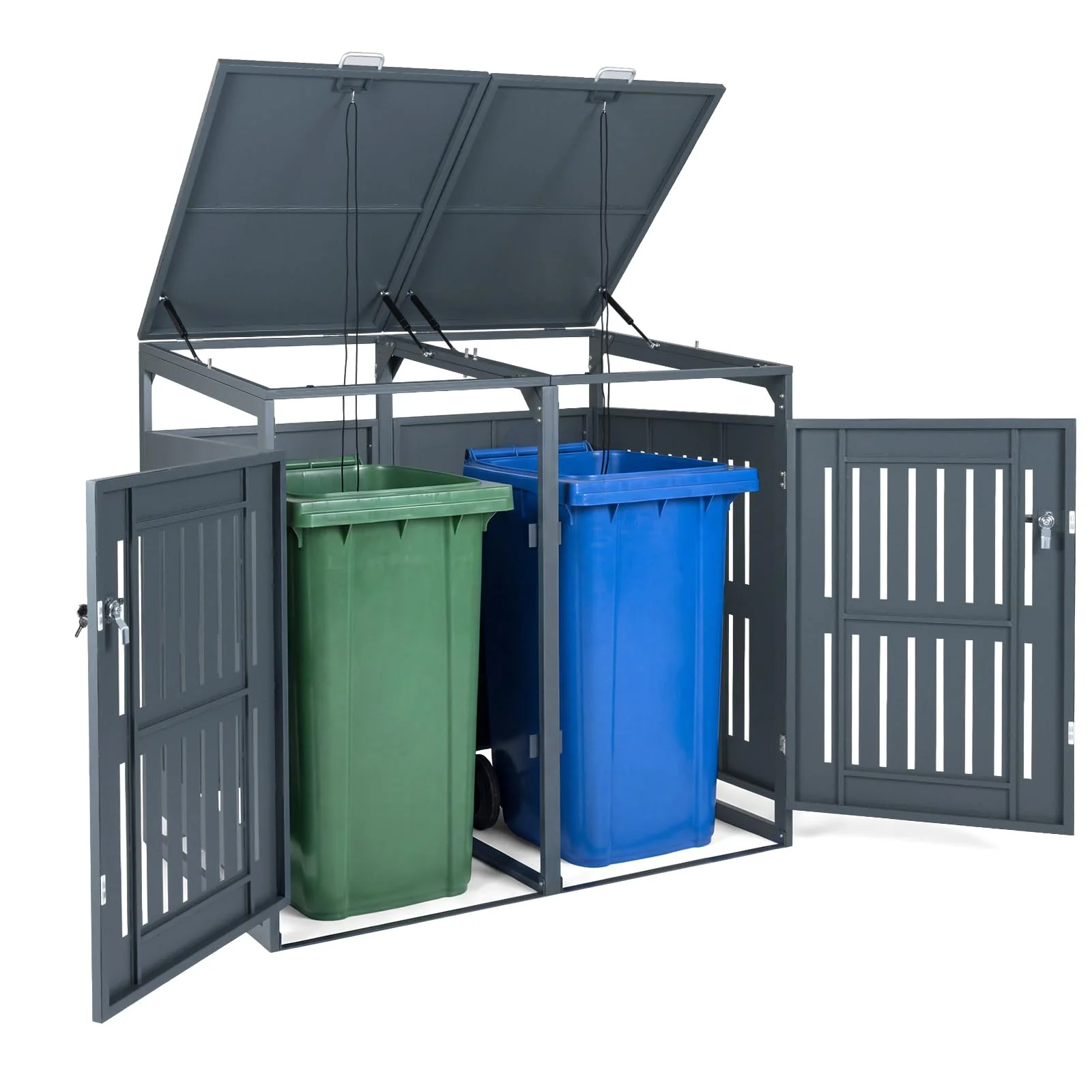 Goplus 44 Cu.Ft Outdoor Trash Can Storage Shed for 2 Bins with Gas Struts - Image 9