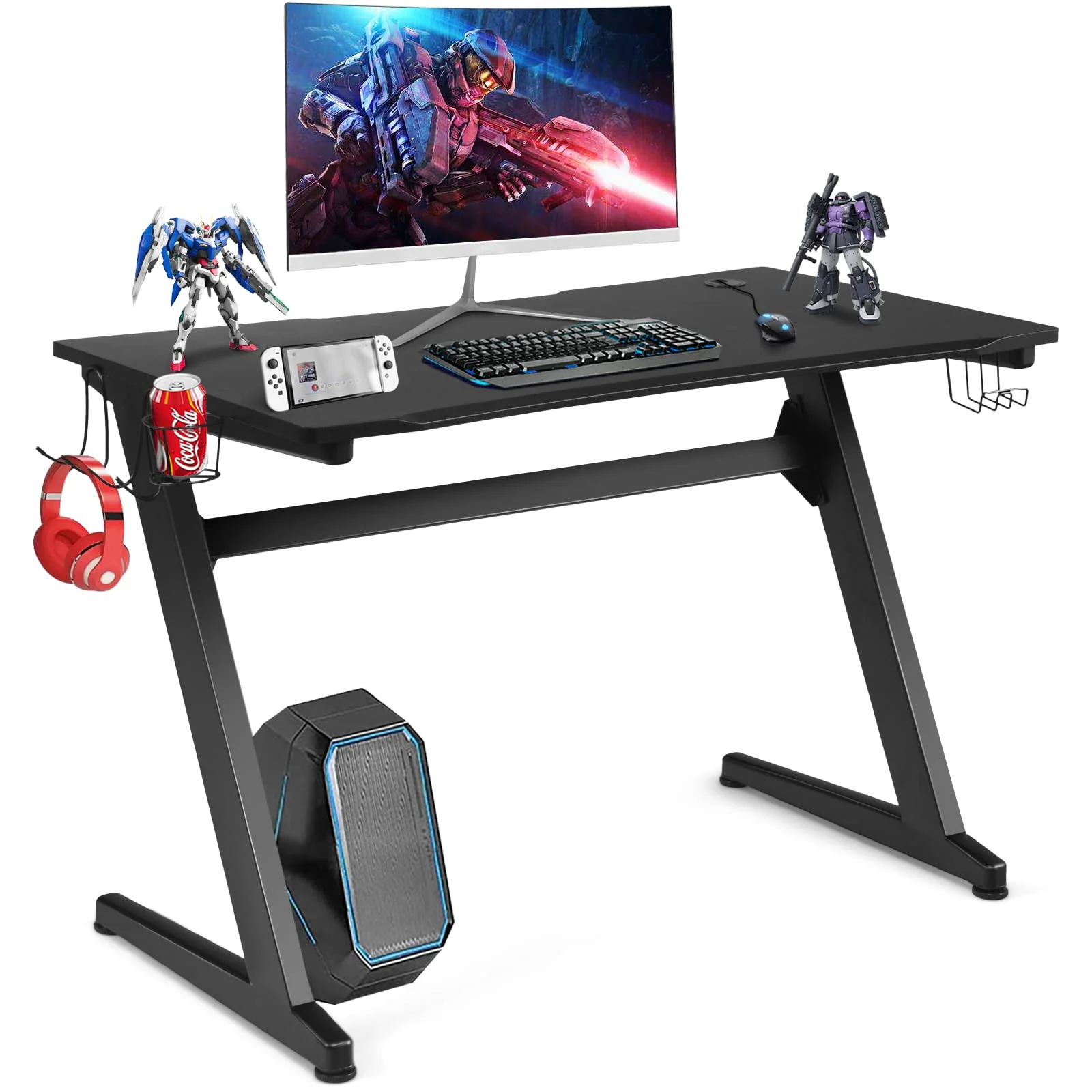 Goplus 45.5 Gaming Desk, Z Shaped Racing Game Table with Carbon Fiber Surface, Mouse Mat