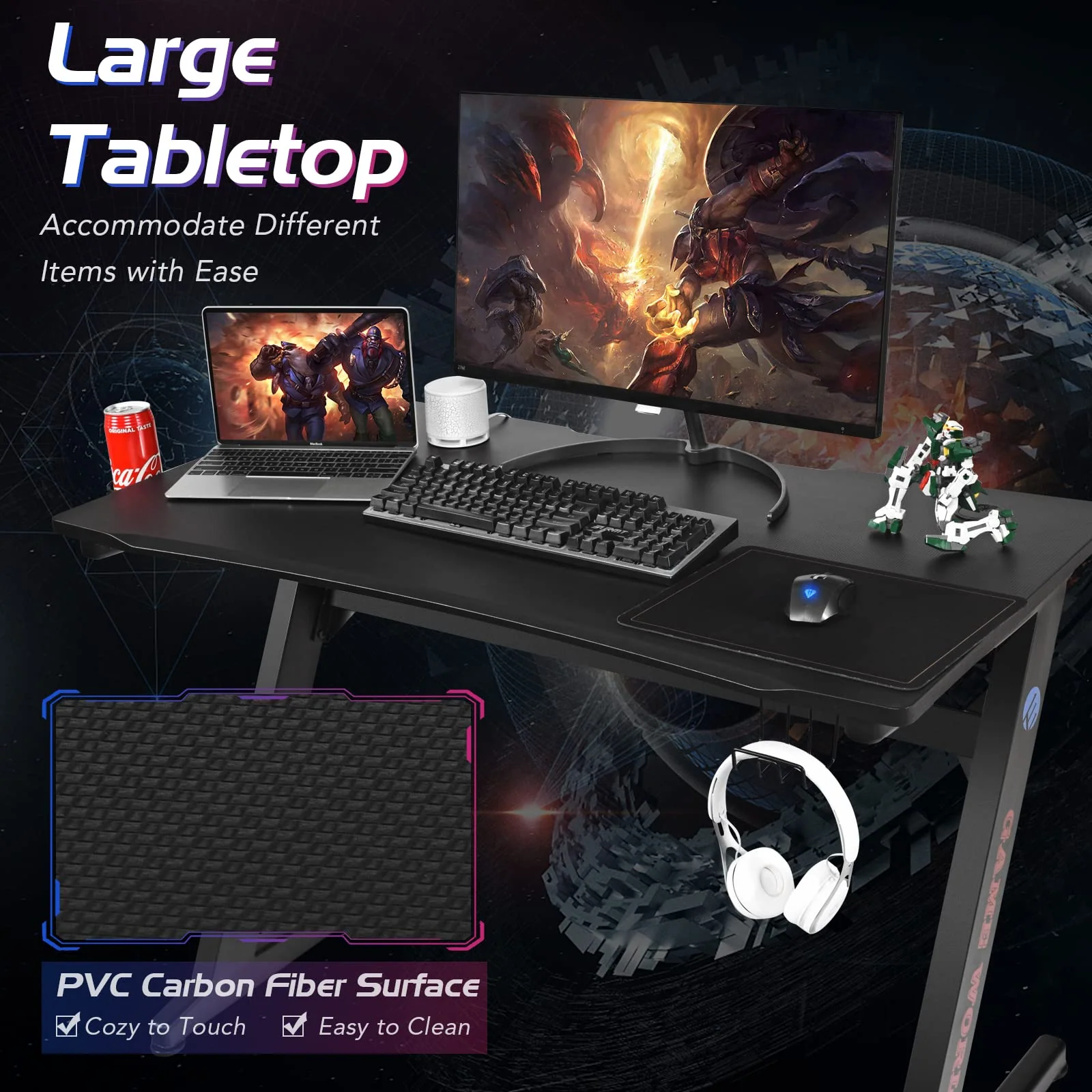 Goplus 45.5 Gaming Desk, Z Shaped Racing Game Table with Carbon Fiber Surface, Mouse Mat - Image 3
