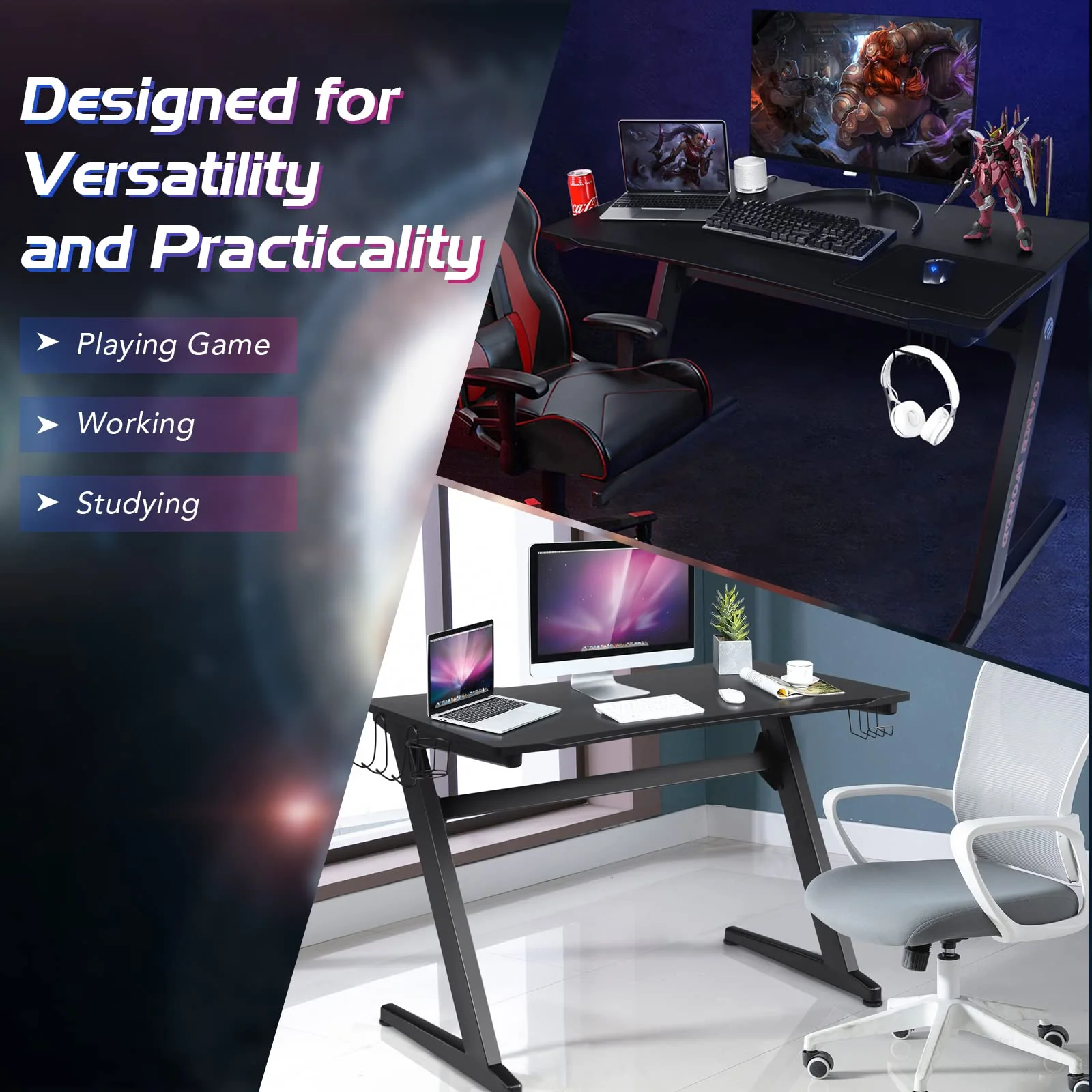 Goplus 45.5 Gaming Desk, Z Shaped Racing Game Table with Carbon Fiber Surface, Mouse Mat - Image 5
