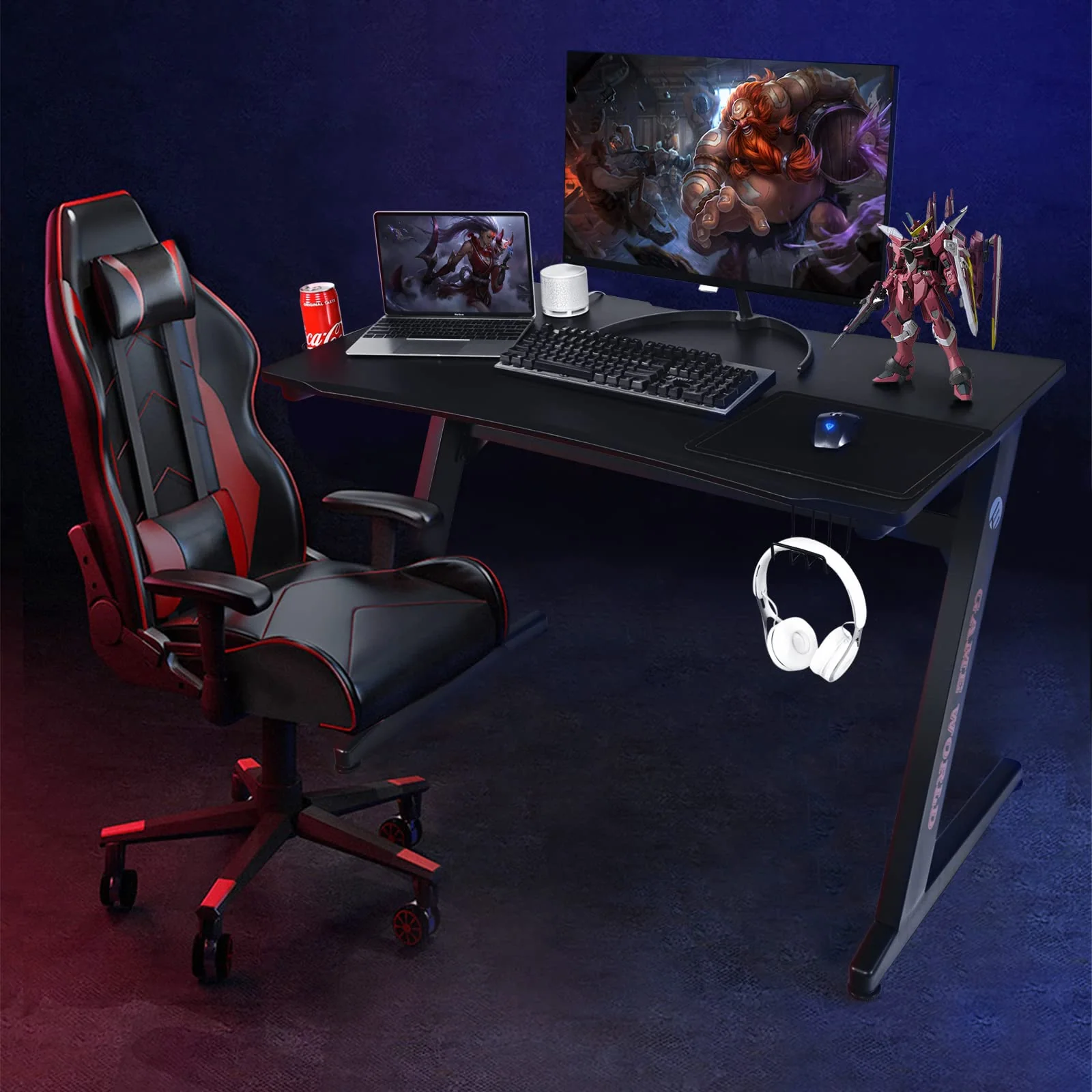 Goplus 45.5 Gaming Desk, Z Shaped Racing Game Table with Carbon Fiber Surface, Mouse Mat - Image 6