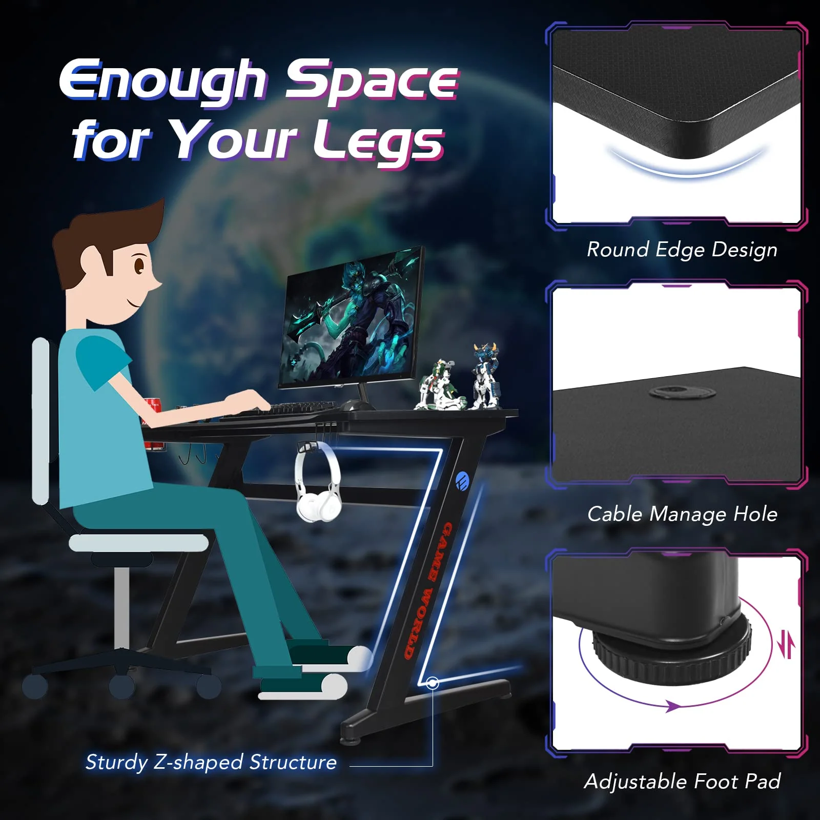 Goplus 45.5 Gaming Desk, Z Shaped Racing Game Table with Carbon Fiber Surface, Mouse Mat - Image 7