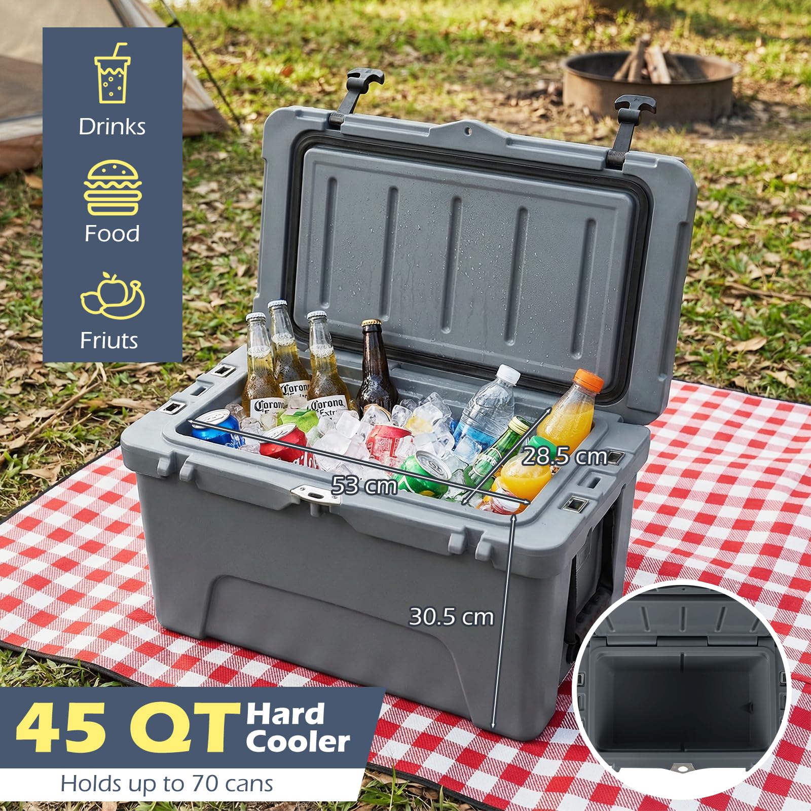 Goplus 45QT Hard Cooler w/Portable Handles & Cup Holders for Camping Fishing Beach - Image 5