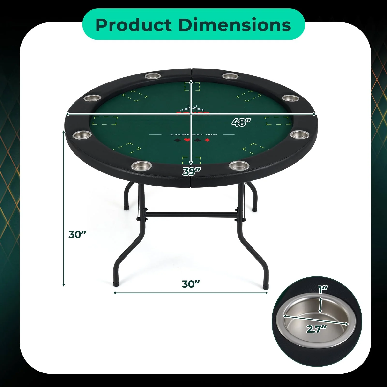 Goplus 48" 8 Player Round Casino Leisure Texas Holdem Game Table with Metal Legs - Image 8