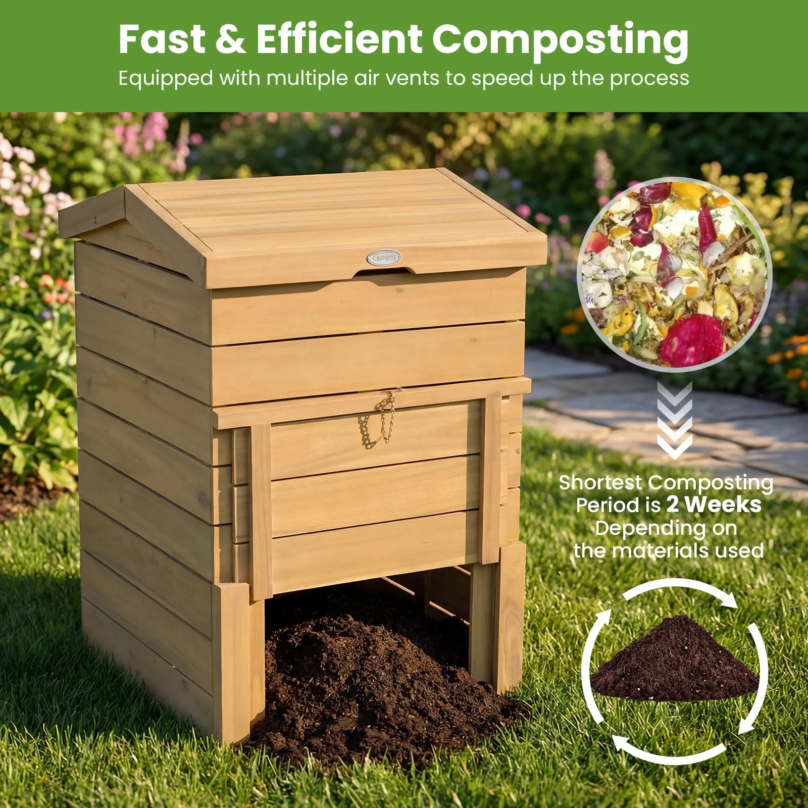 Goplus 48 Gallon Solid Wood Compost Bin w/Lockable Sliding Door and Flip-top Opening - Image 3