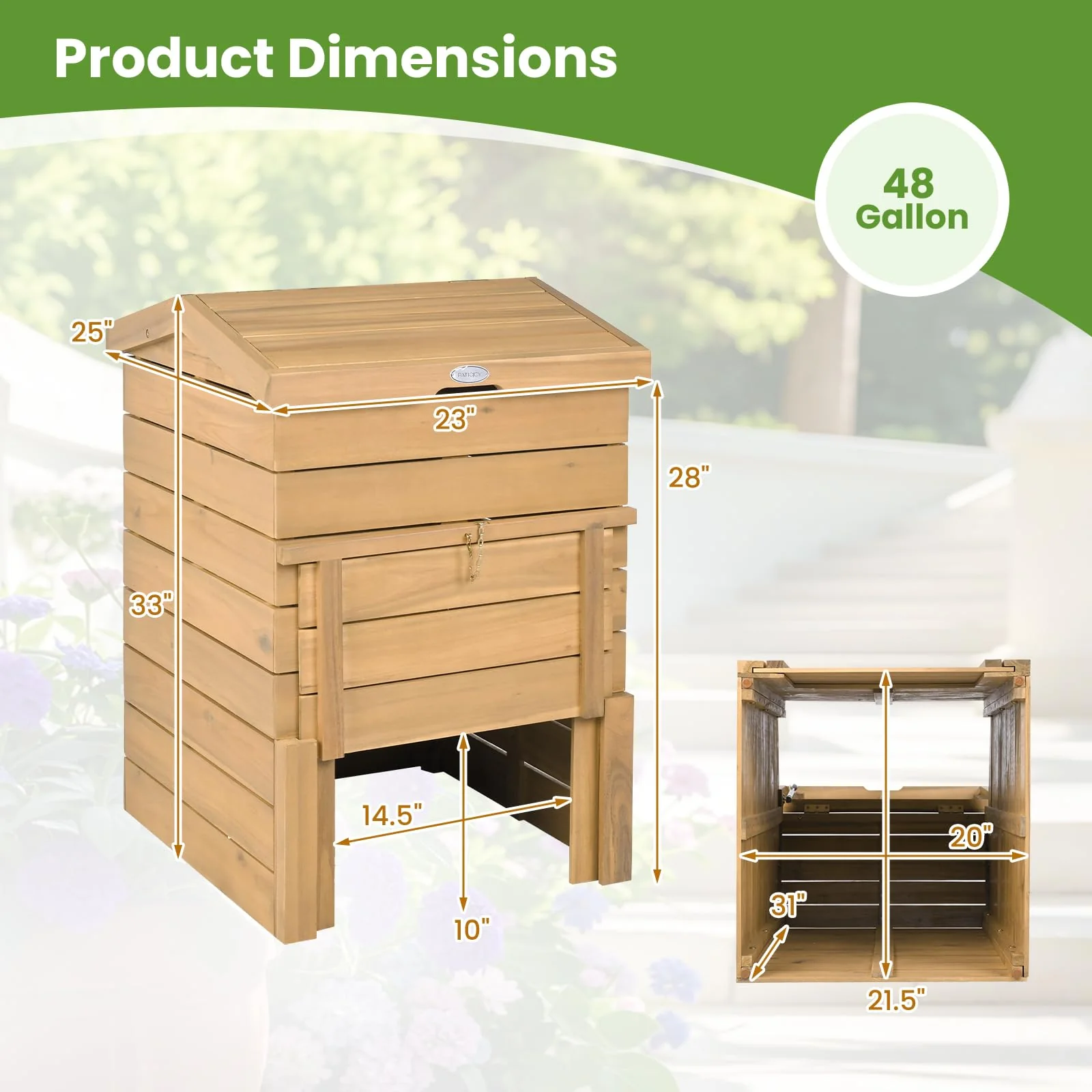 Goplus 48 Gallon Solid Wood Compost Bin w/Lockable Sliding Door and Flip-top Opening - Image 5