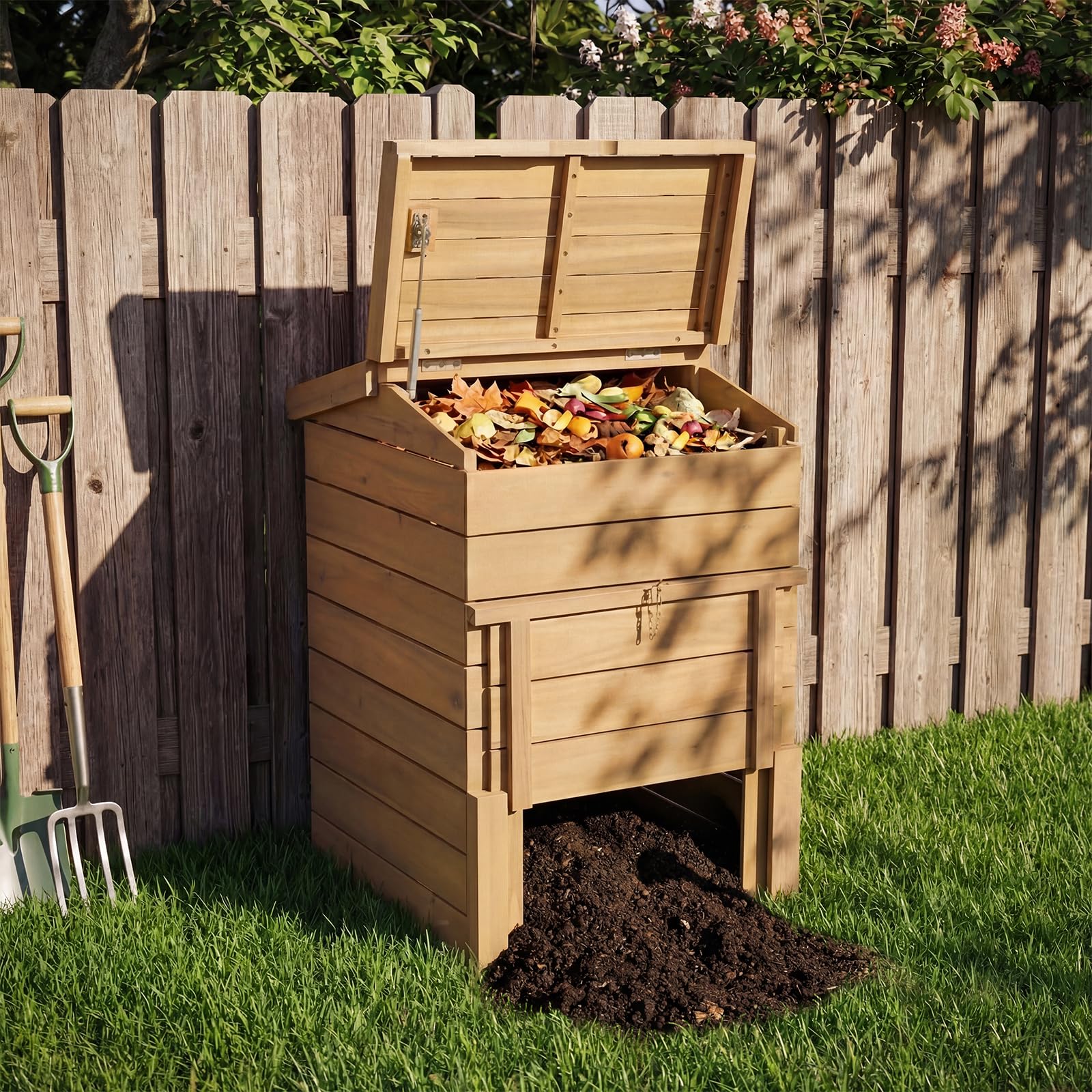 Goplus 48 Gallon Solid Wood Compost Bin w/Lockable Sliding Door and Flip-top Opening - Image 9